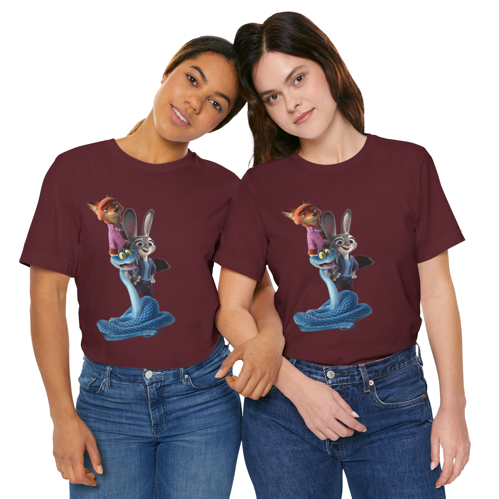 Animated Character Tee — Cute Fox & Bunny Stack Graphic T-Shirt  cartoon-style Christmas artwork