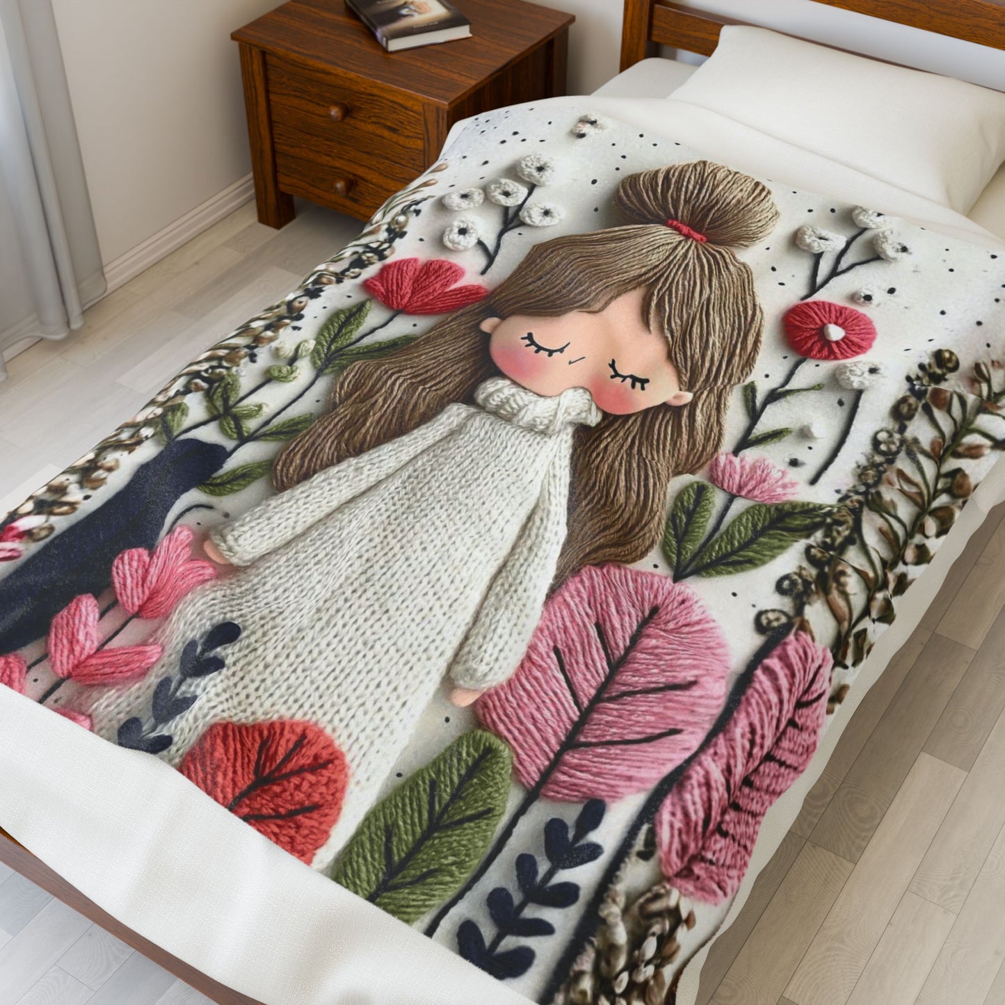 Plush Blanket — Cozy Girl in Floral Meadow Velveteen Throw
