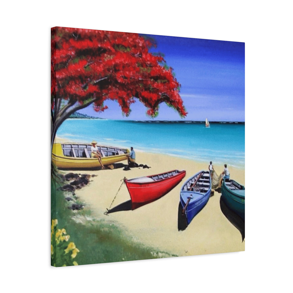 Beach Canoes Canvas Wall Art Tropical Seaside Landscape Matte Stretched Canvas