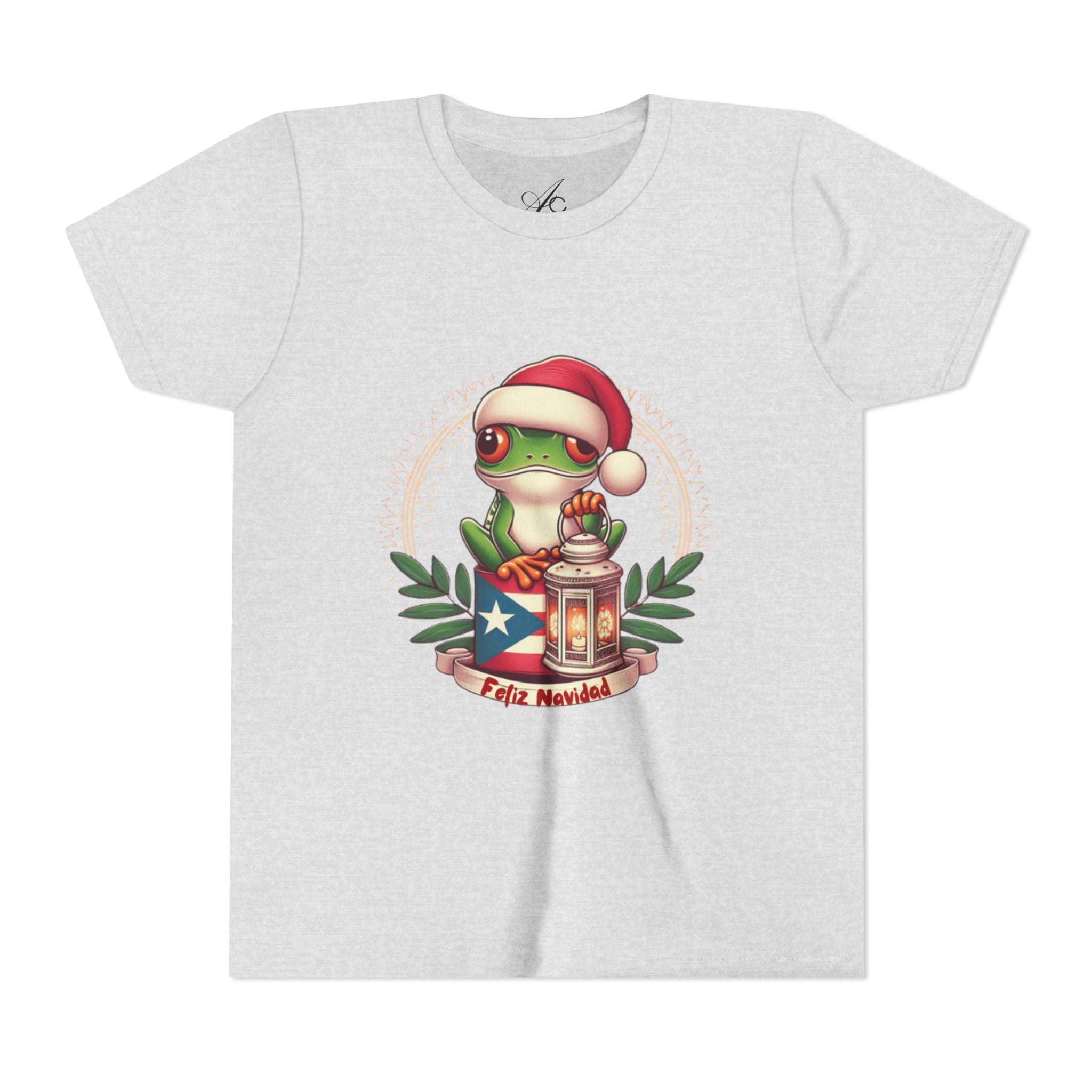 Kids Tee Cute Frog with Puerto Rican Flag & Lantern (Feliz Navidad)