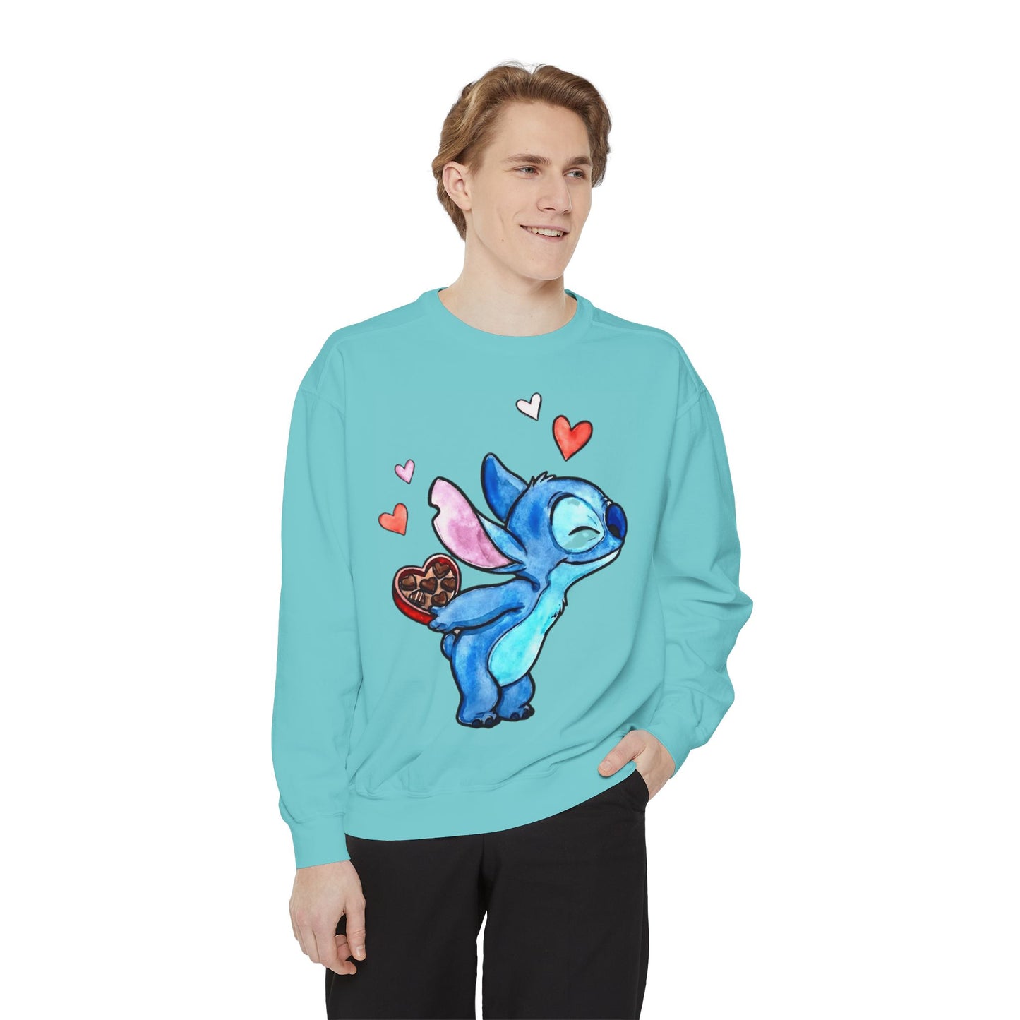 Stitch Valentine Sweatshirt — Cute Blue Alien with Hearts & Chocolate Pocket