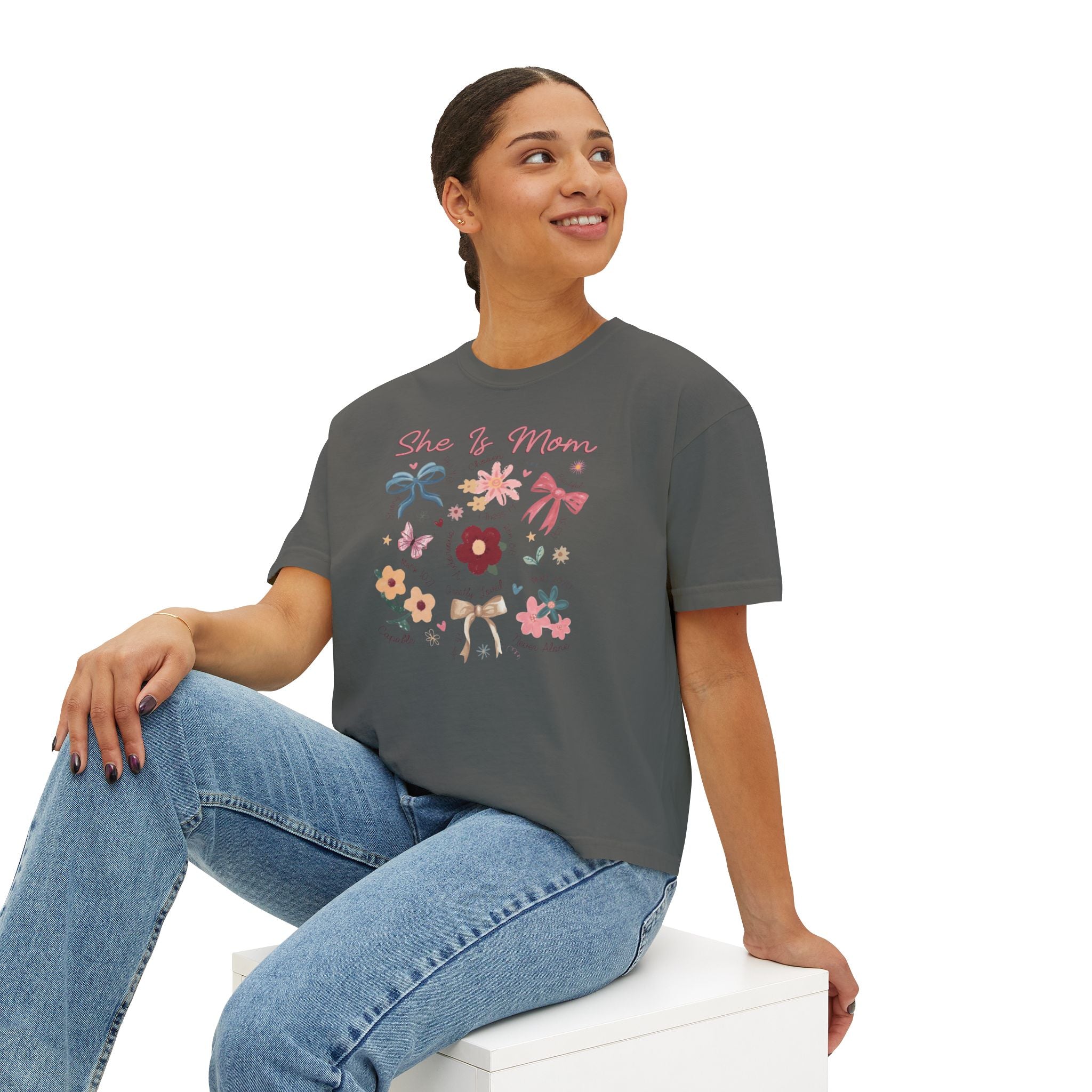 She Is Mom Floral Boxy Tee  Cute Mother’s Day Floral Graphic Shirt