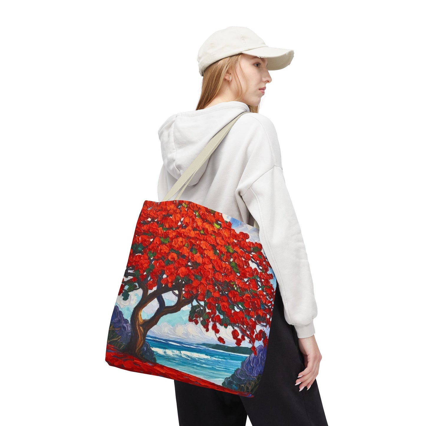 Red Blossom Beach Tote - Tropical Tree Art All-Over Print Tote Bag Crochet-Decorated Tote Bags