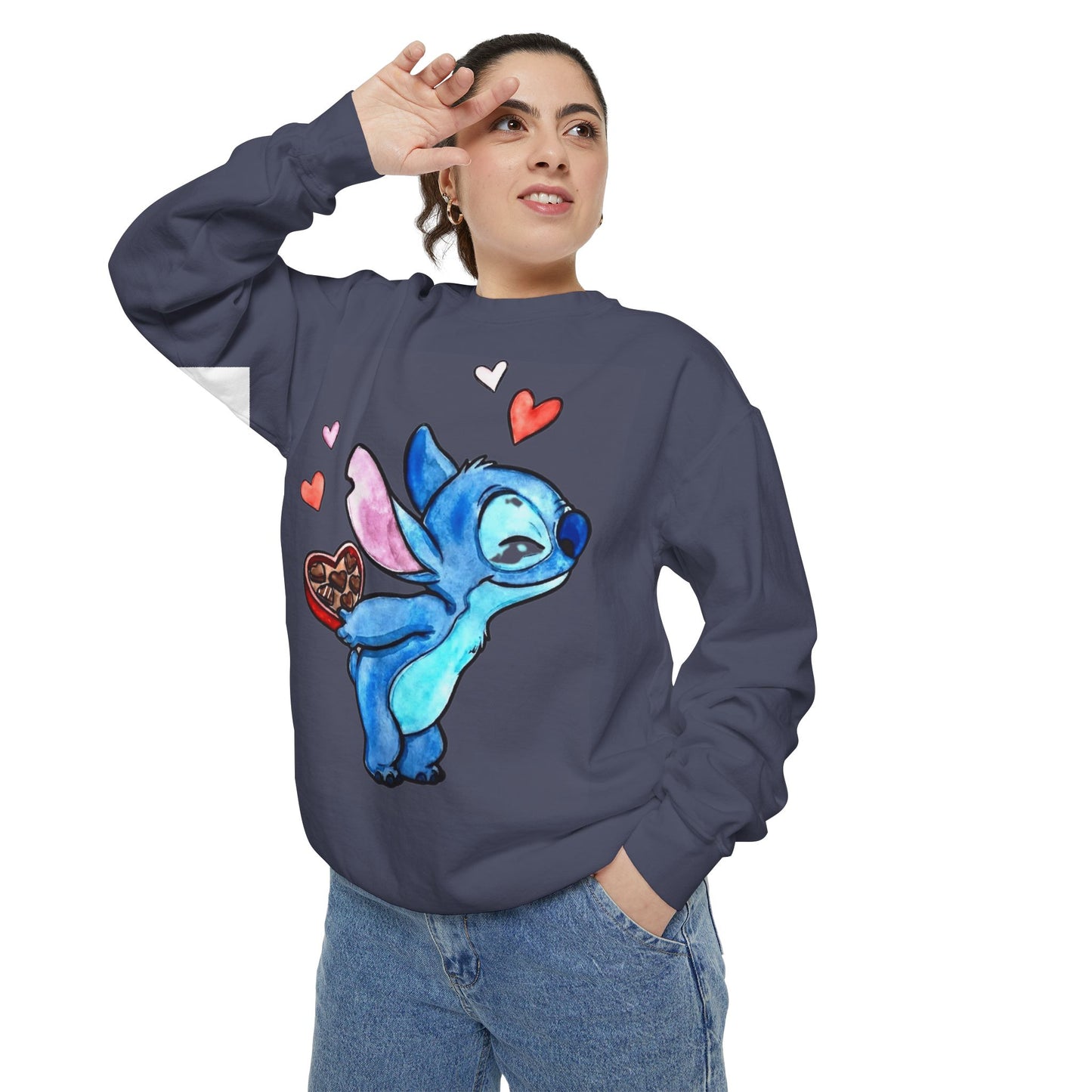 Stitch Valentine Sweatshirt — Cute Blue Alien with Hearts & Chocolate Pocket