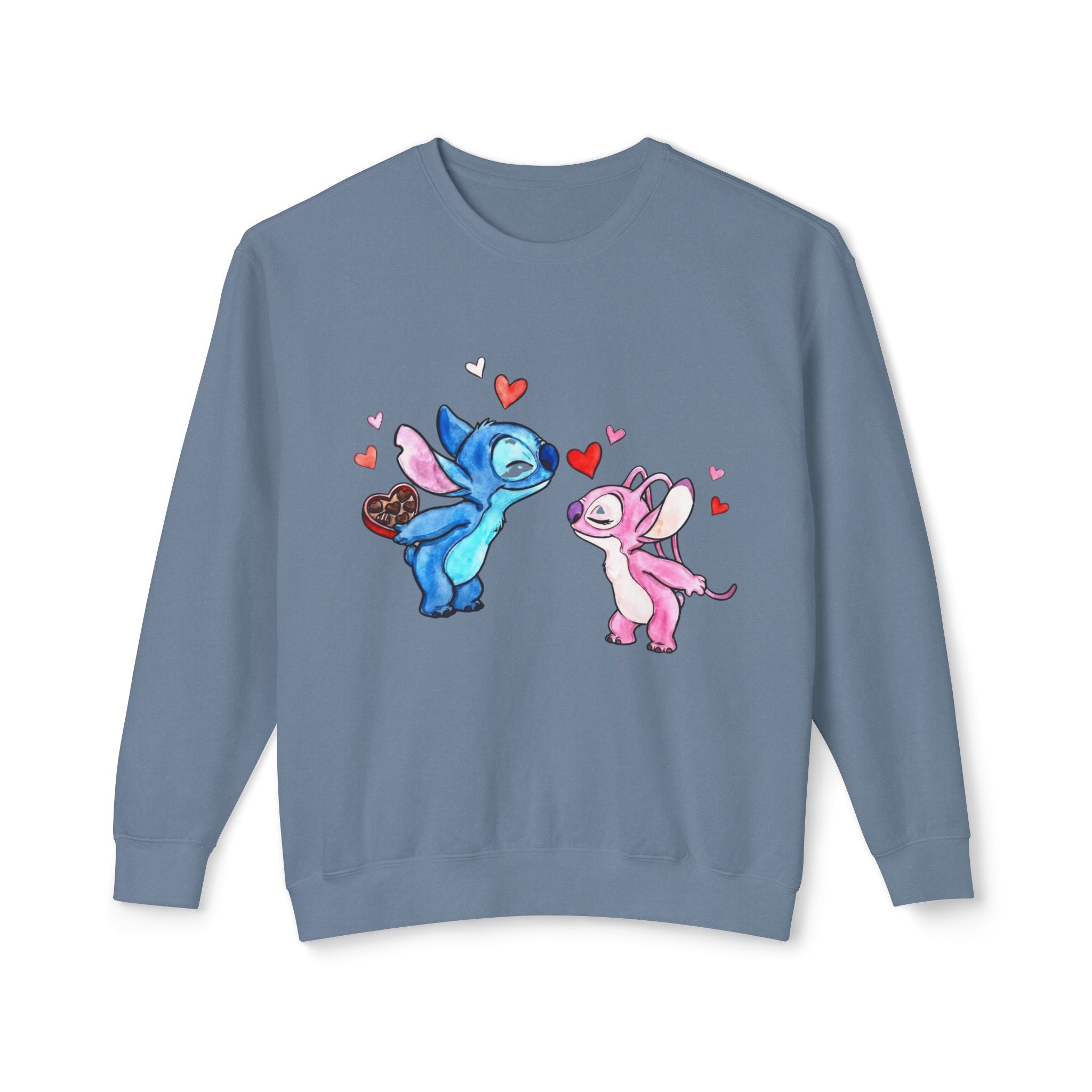 Cute Stitch Valentine Sweatshirt — Blue & Pink Love Characters with Hearts