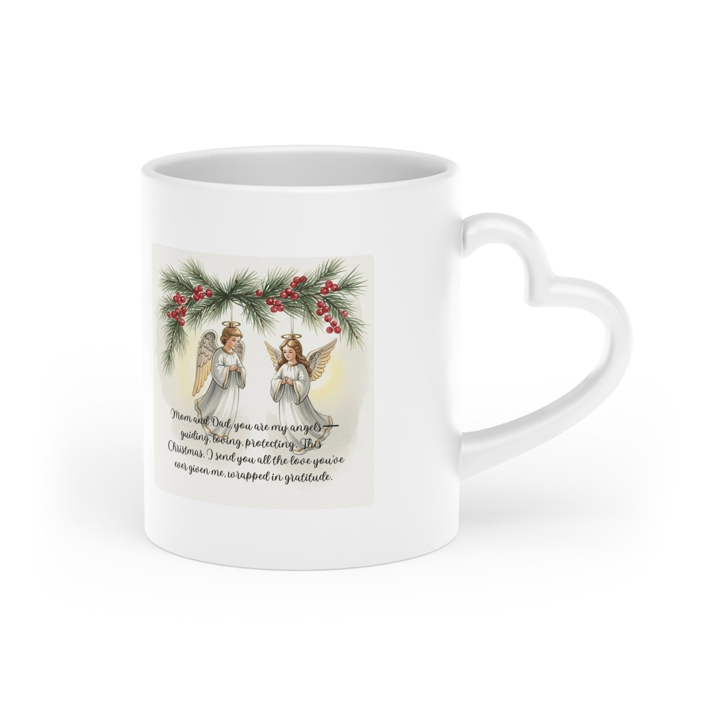 Heart-Shaped Christmas Mug with Angel Design Christmas Mugs | Holiday Coffee Cups with Festive Quotes & Designs