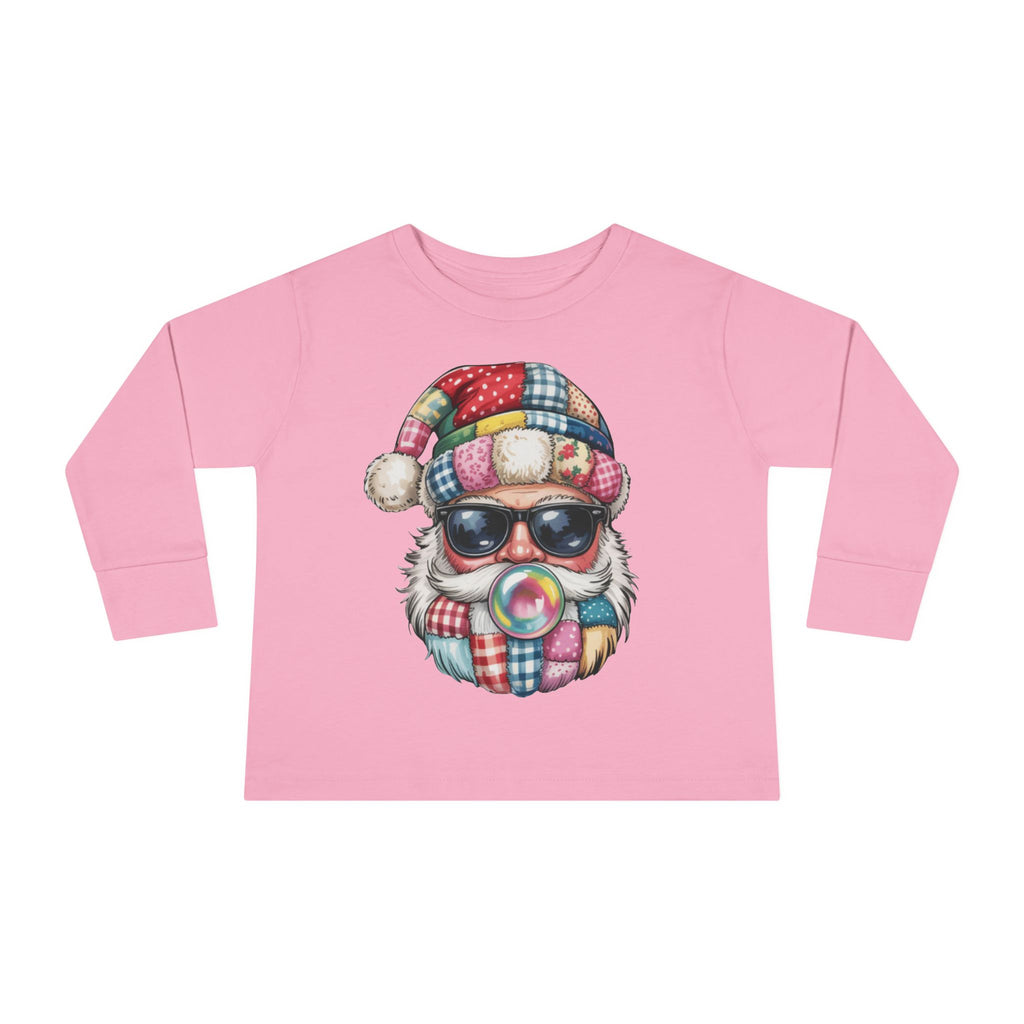 Toddler Long Sleeve Tee  Cool Santa with Patchwork Hat & Bubblegum Graphic
