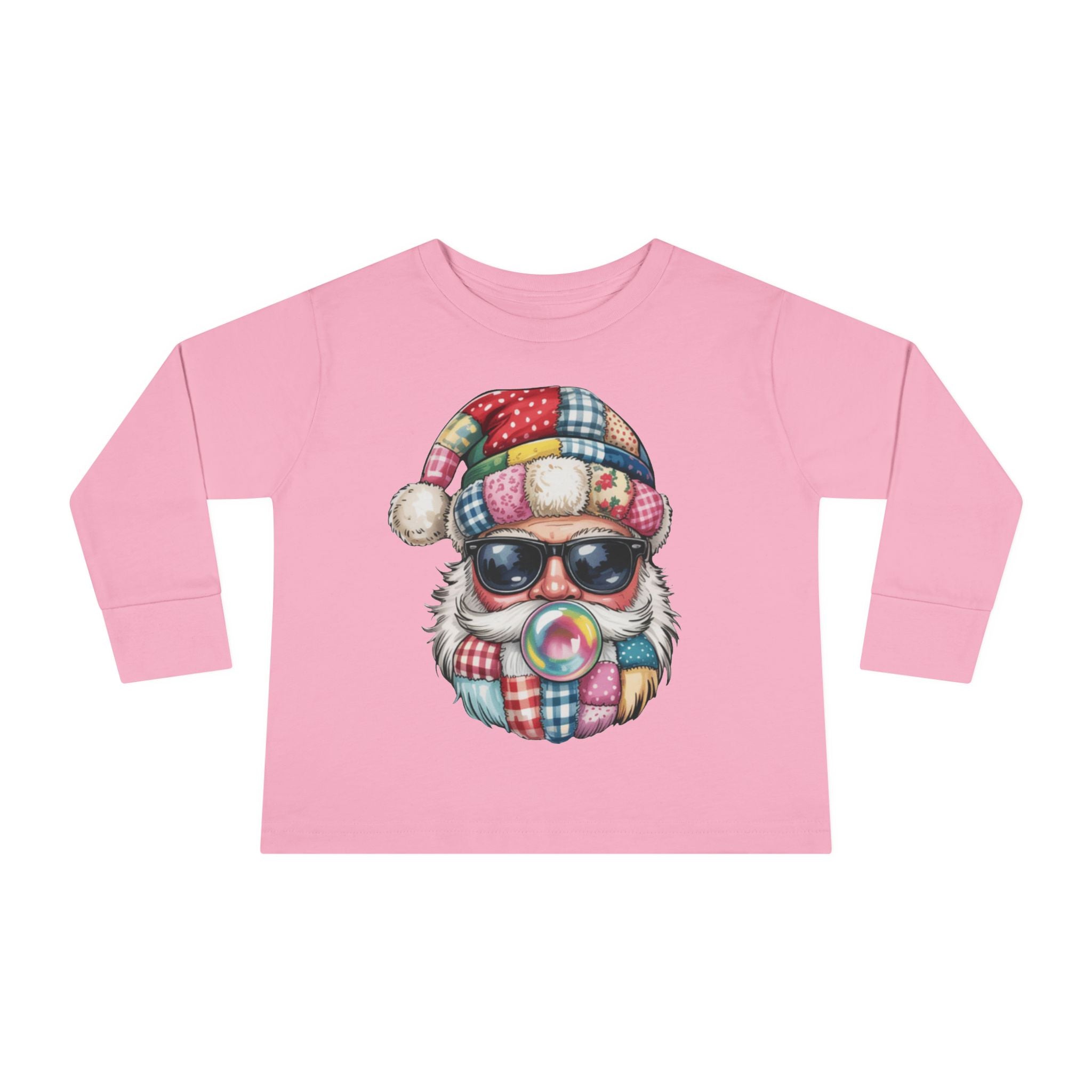 Toddler Long Sleeve Tee  Cool Santa with Patchwork Hat & Bubblegum Graphic