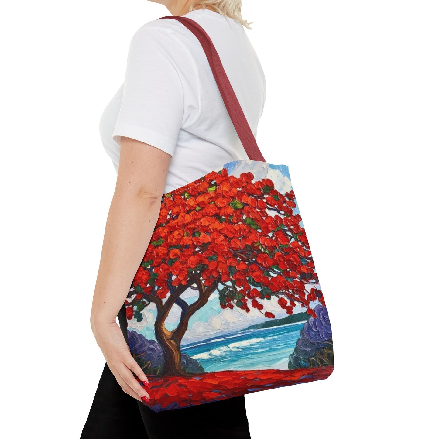 Red Blossom Beach Tote - Tropical Tree Art All-Over Print Tote Bag Crochet-Decorated Tote Bags