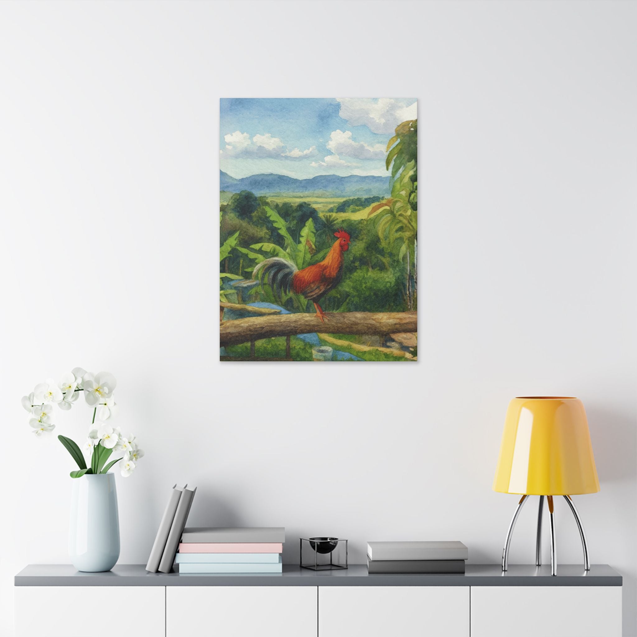 These Puerto Rico inspired Rooster Morning Landscape Canvas