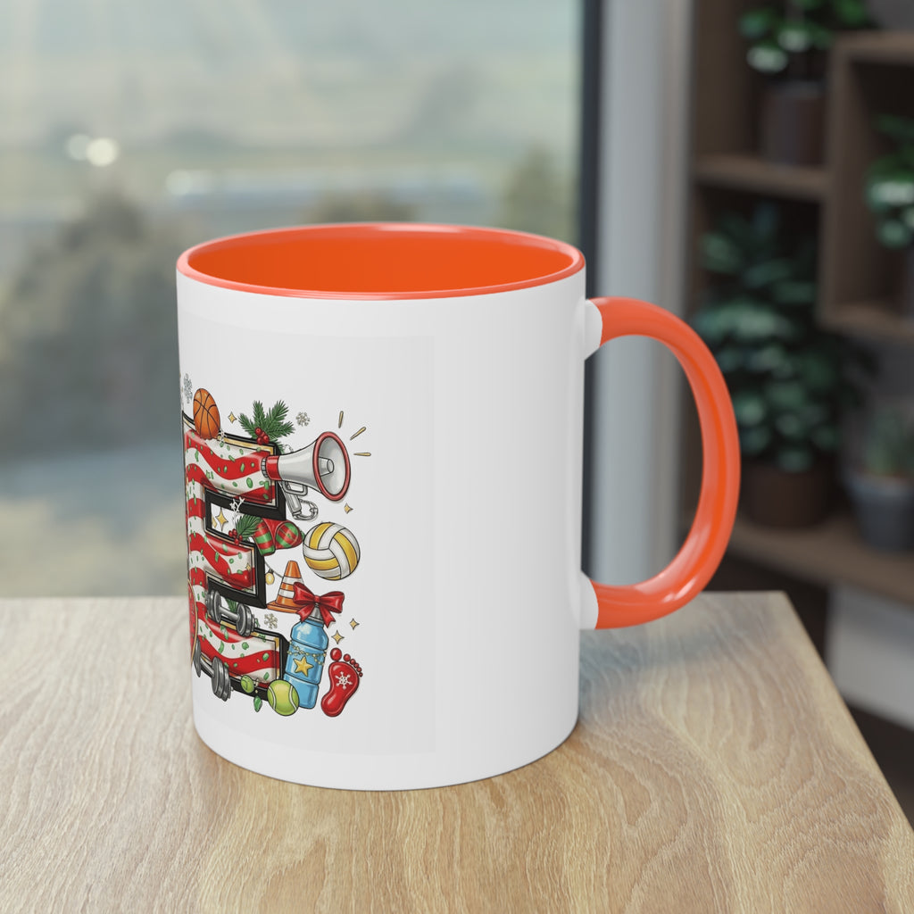 Holiday Sports Mom Coffee Mug Festive 'PE' Candy-Stripe Design, 11oz Two-Tone School Staff Christmas Mug Collection,
