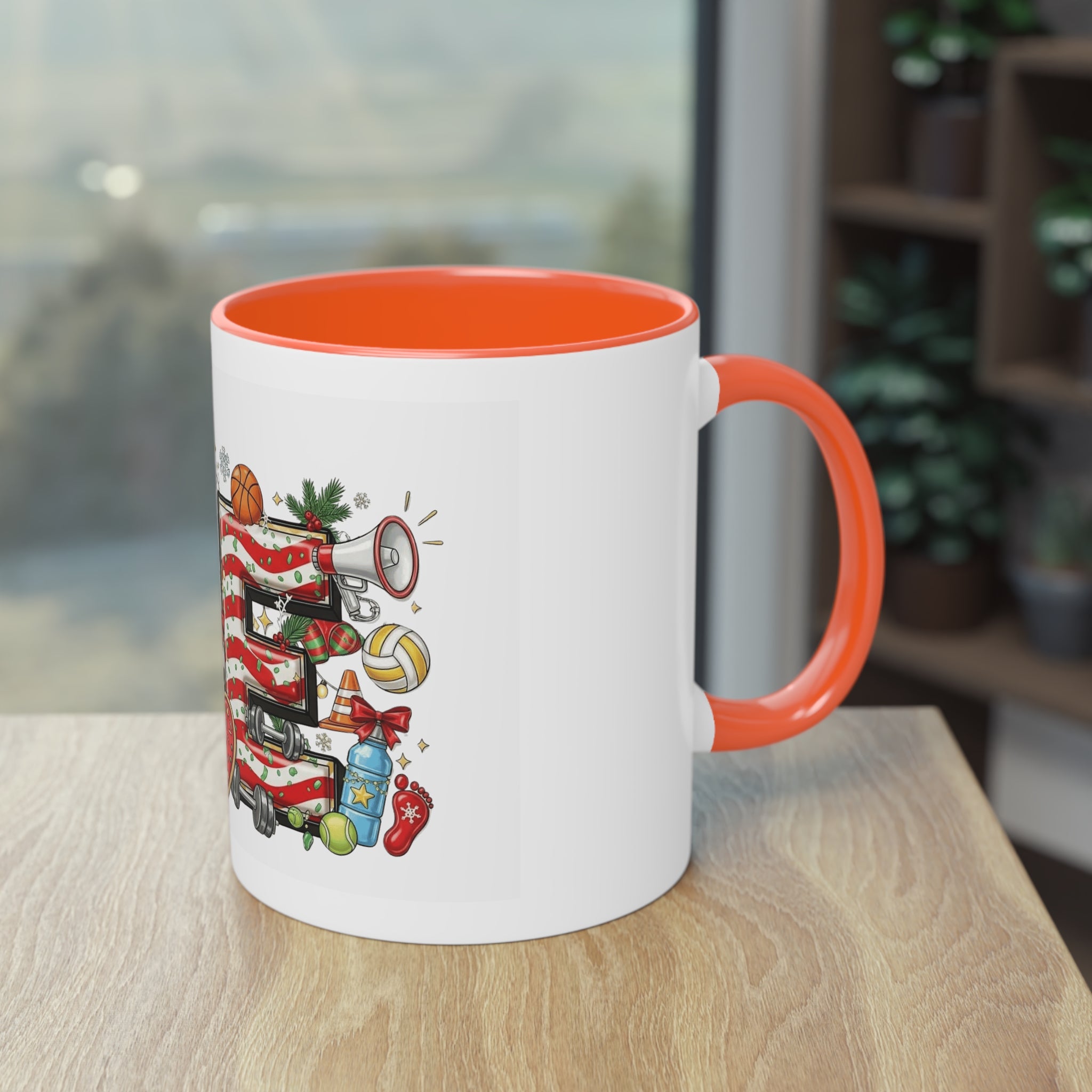 Holiday Sports Mom Coffee Mug Festive 'PE' Candy-Stripe Design, 11oz Two-Tone School Staff Christmas Mug Collection,