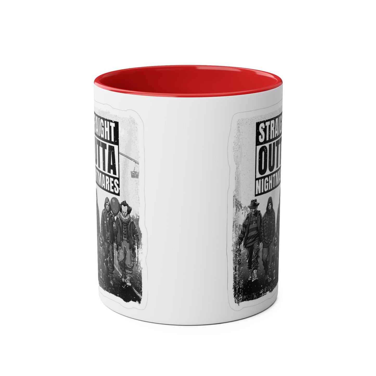 Straight Outta Nightmares Two-Tone Coffee Mug, Unique Gift for Halloween, Fun Office Decor, Red Handle Mug, Collectible Coffee Cup