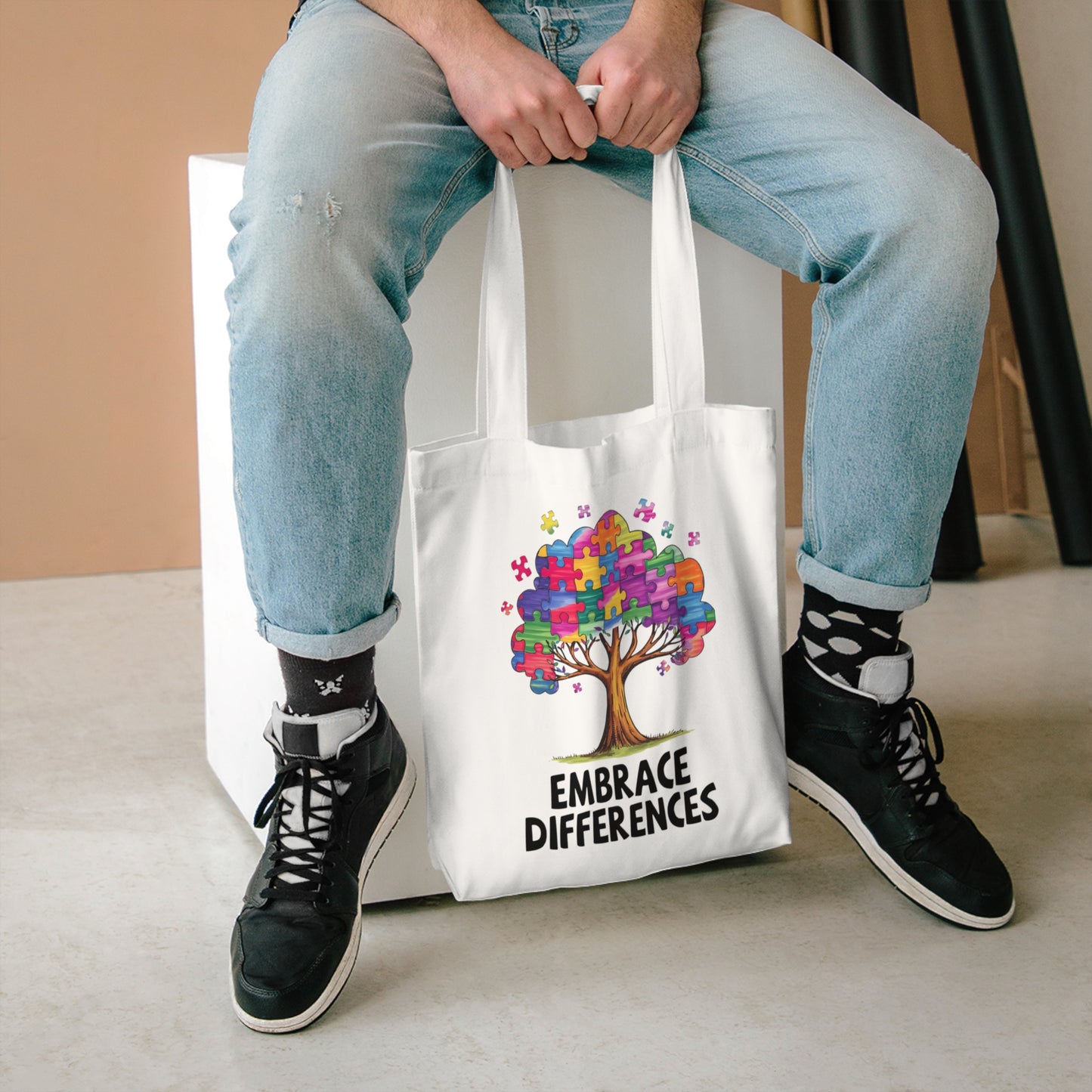Colección Conciencia y Orgullo Autista Colorful Puzzle Tree Cotton Tote Bag - Eco-Friendly & Stylish Shopping Bag