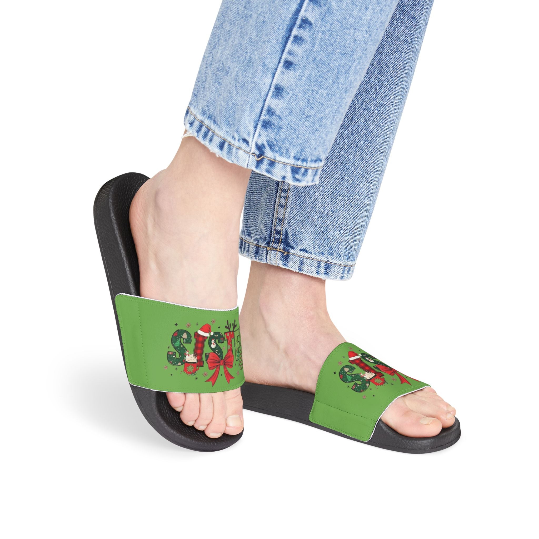 Sister Women's Holiday Slide Sandals — Green 'Joy' Gift Bow Design