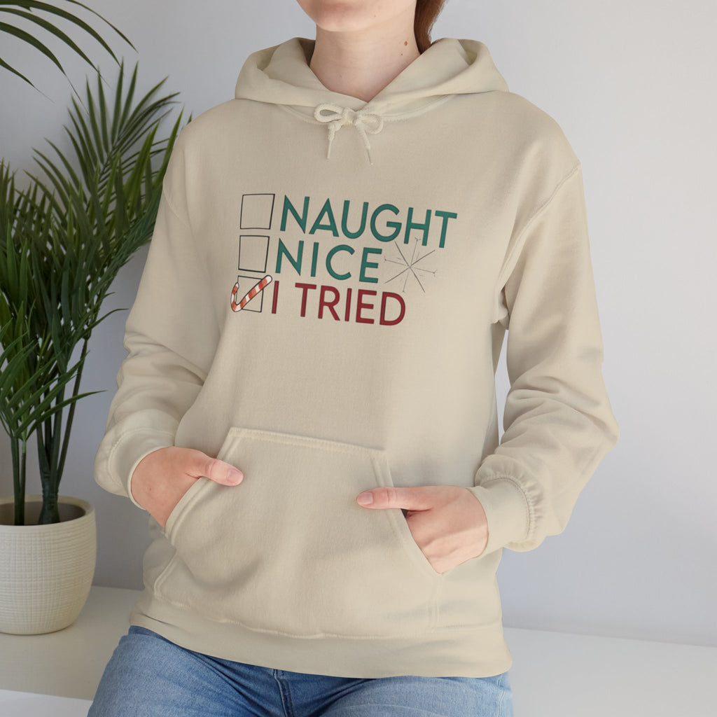 Holiday Hoodie — "Naughty, Nice, I Tried" Funny Christmas Sweatshirt