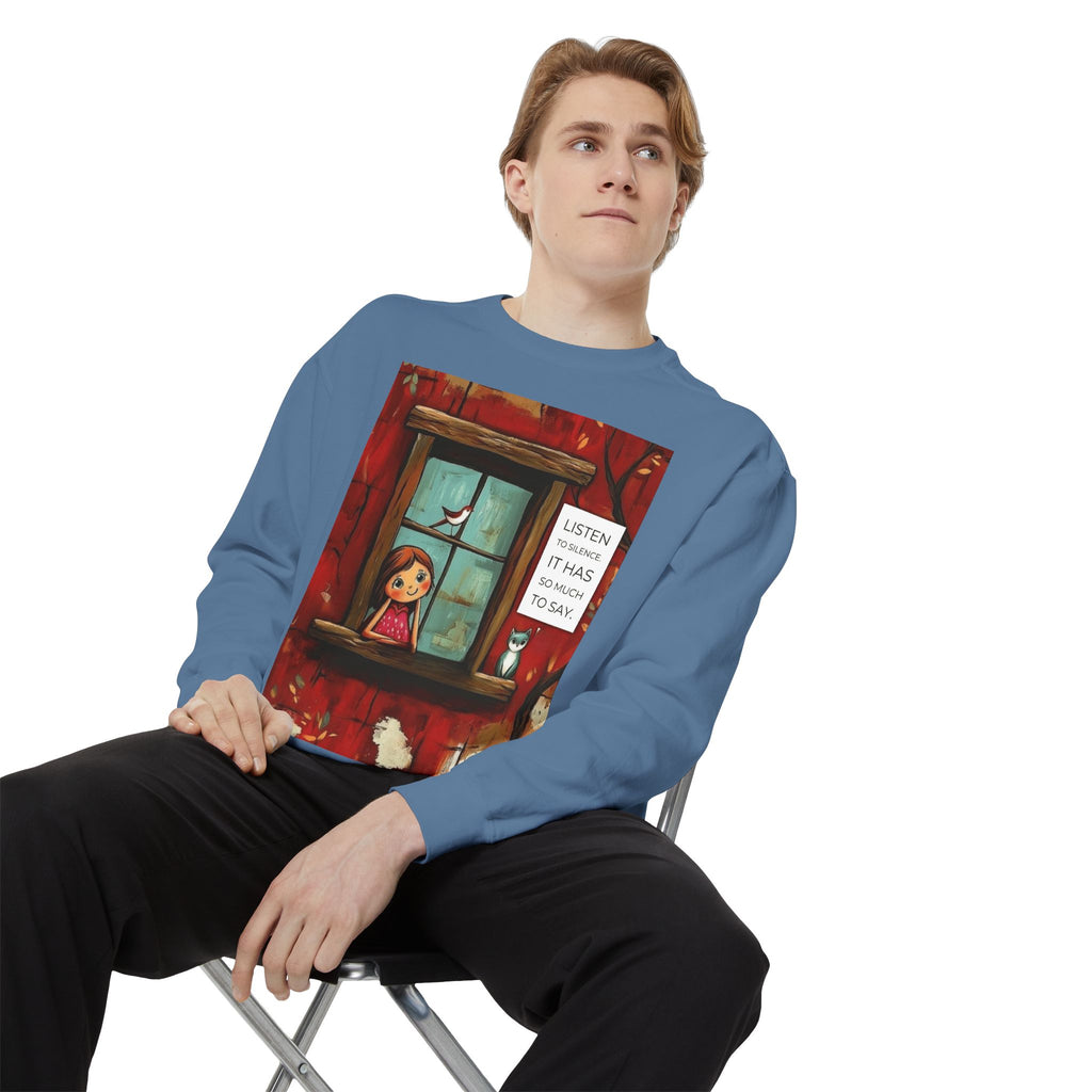 Cozy Window Scene Sweatshirt  "Listen, It Has So Much to Say" Graphic