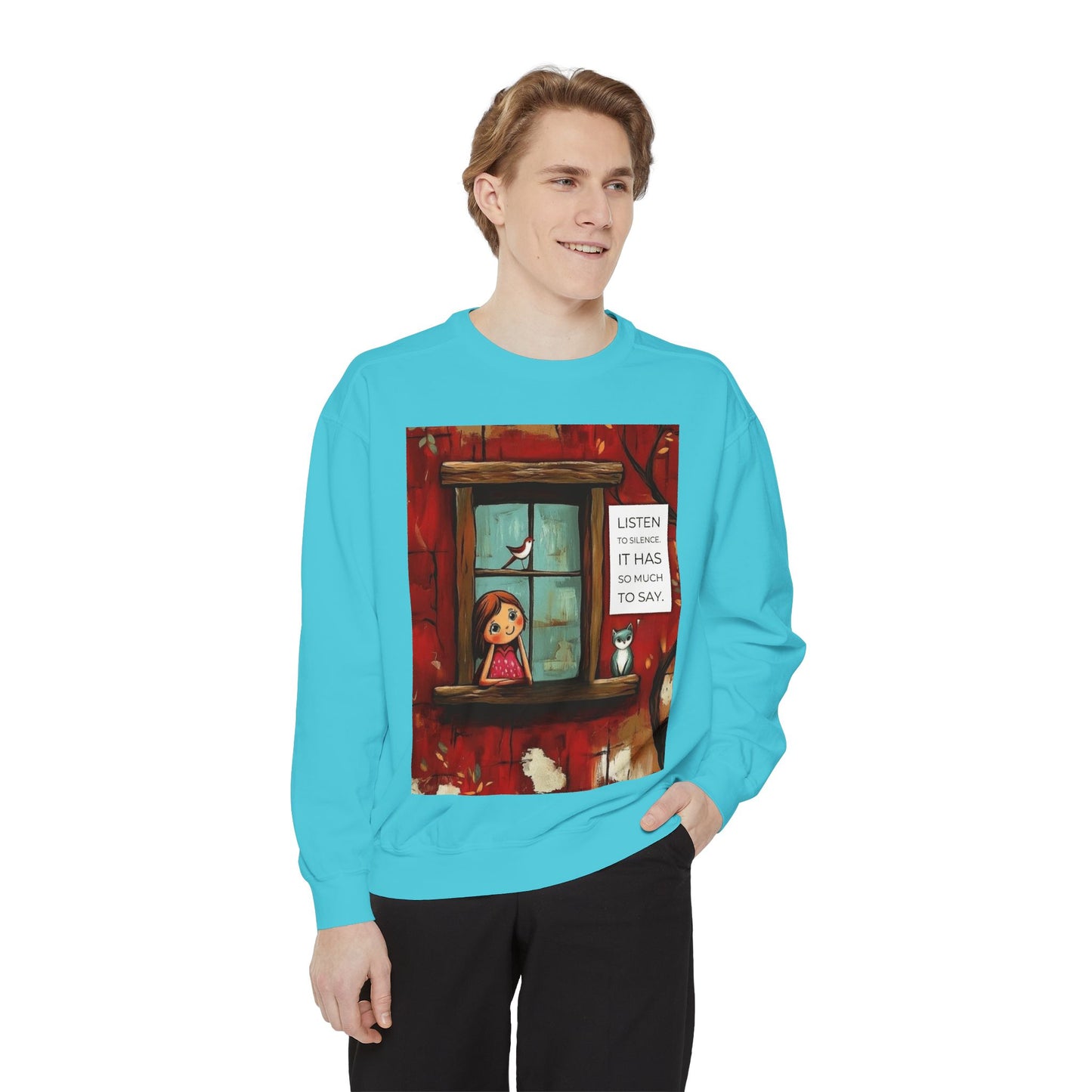 Cozy Window Scene Sweatshirt  "Listen, It Has So Much to Say" Graphic