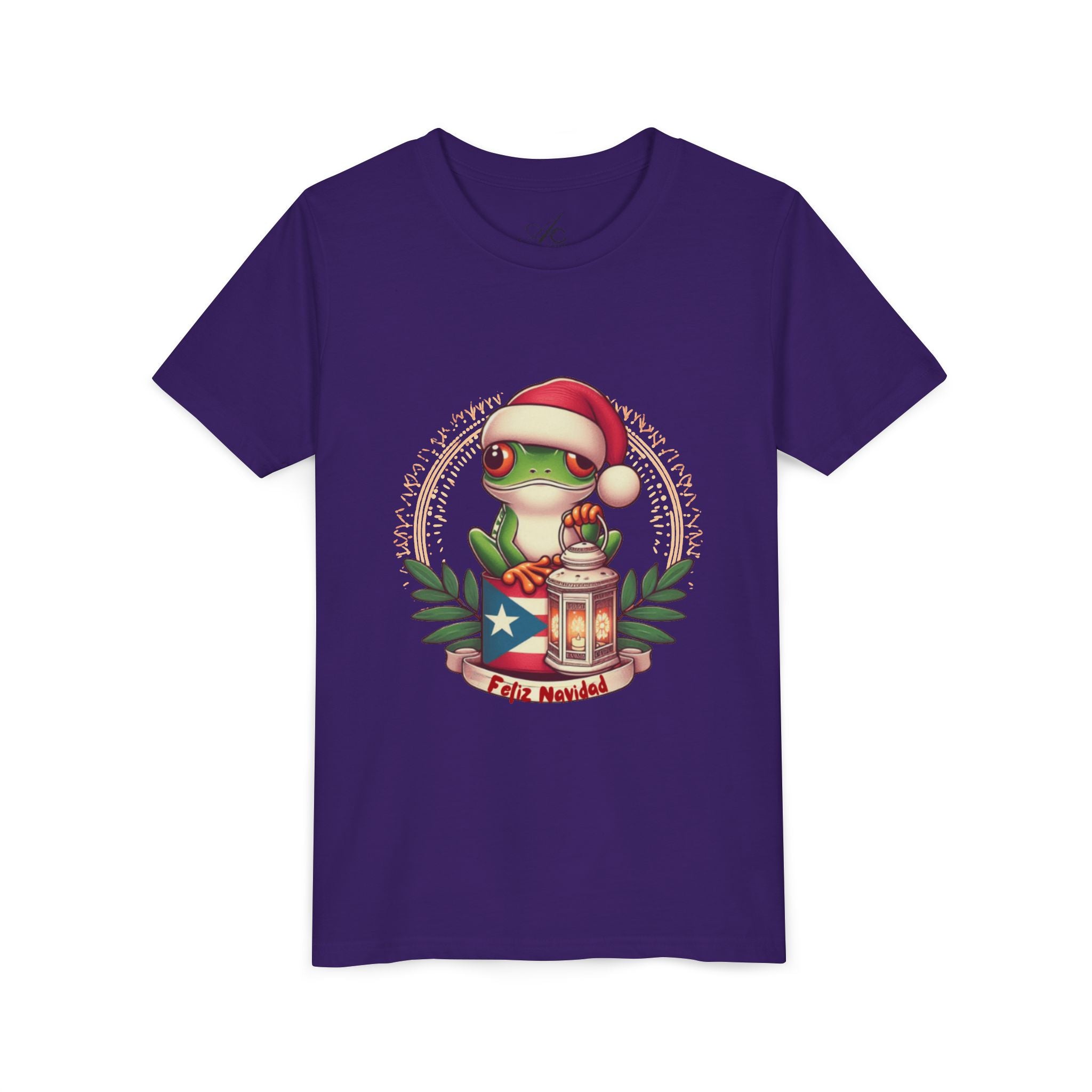 Kids Tee Cute Frog with Puerto Rican Flag & Lantern (Feliz Navidad)