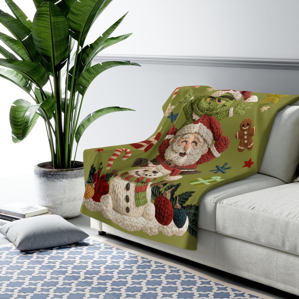 Magical Christmas Cartoon Blanket Christmas Stack Sherpa Blanket  Grinch, Santa & Snowman Holiday Throw