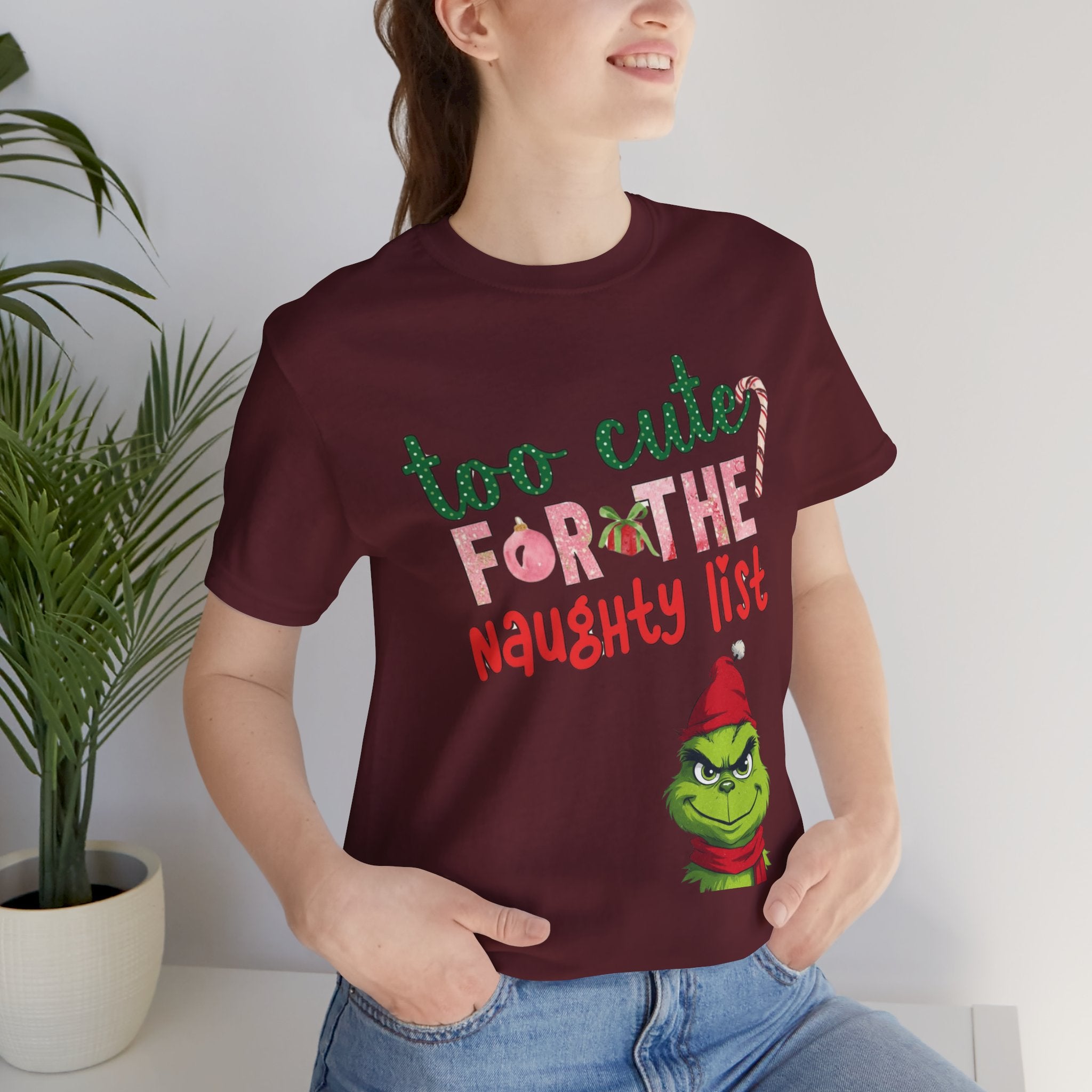 Christmas T-Shirts and Sweatshirts Collection Cute Grinch Holiday Tee 'Too Cute for the Naughty List' Unisex Jersey T-Shirt