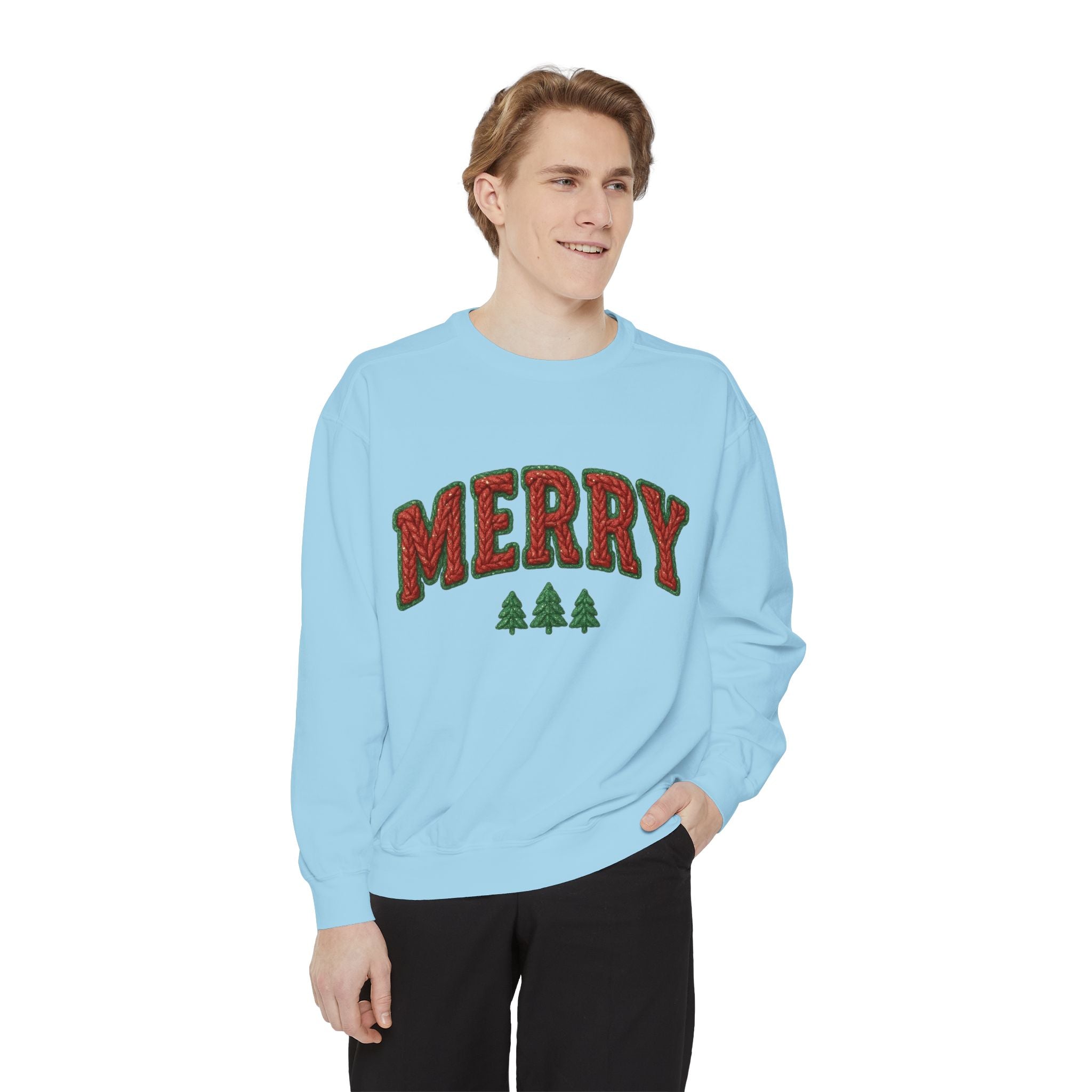 Merry Holiday Sweatshirt — Cozy Christmas Pullover with Tree Graphics Festive Holiday Designs