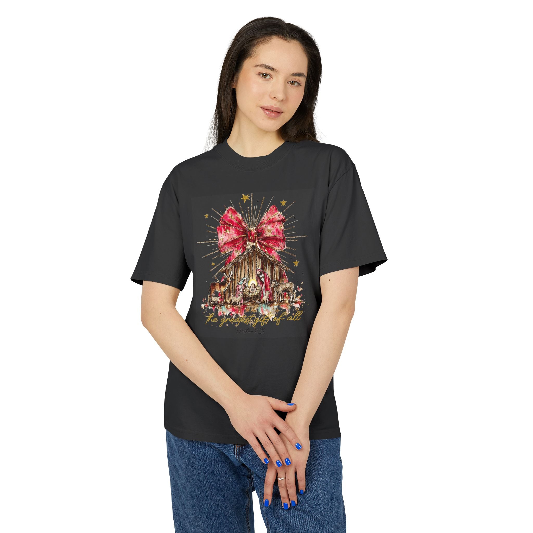 Christmas Nativity Tee  Rustic Manger with Red Bow Holiday T‑Shirt Christmas T-shirts and sweaters