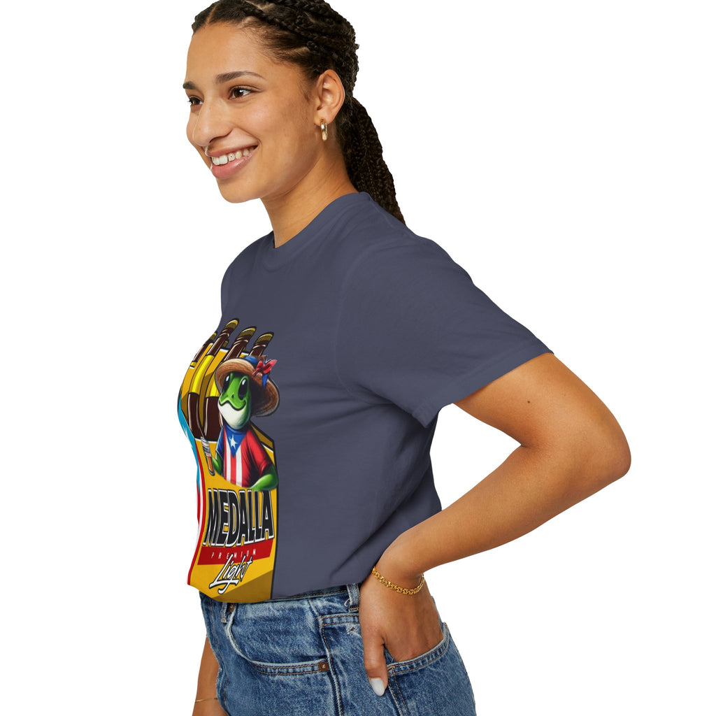 Medalla Light Puerto Rican Beer T-Shirt Coqui Frog Mascot Six-Pack Graphic Tee Puerto Rico’s Navidades