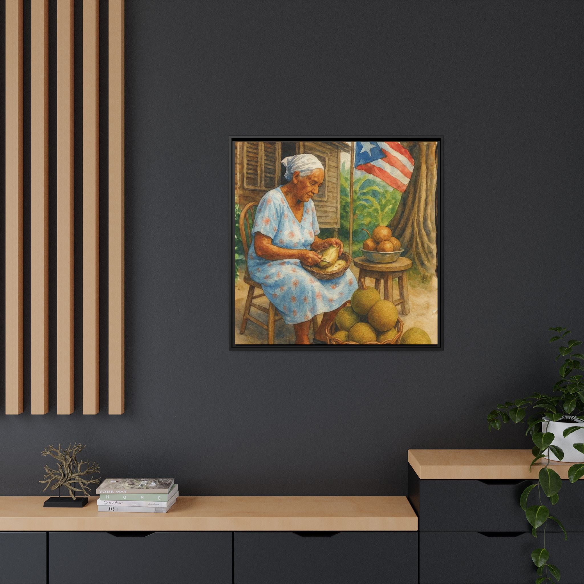 Cultural & Story-Driven These Puerto Rico inspired  Framed Matte Canvas Print  Woman Shelling Fruit Vintage Tropical Painting