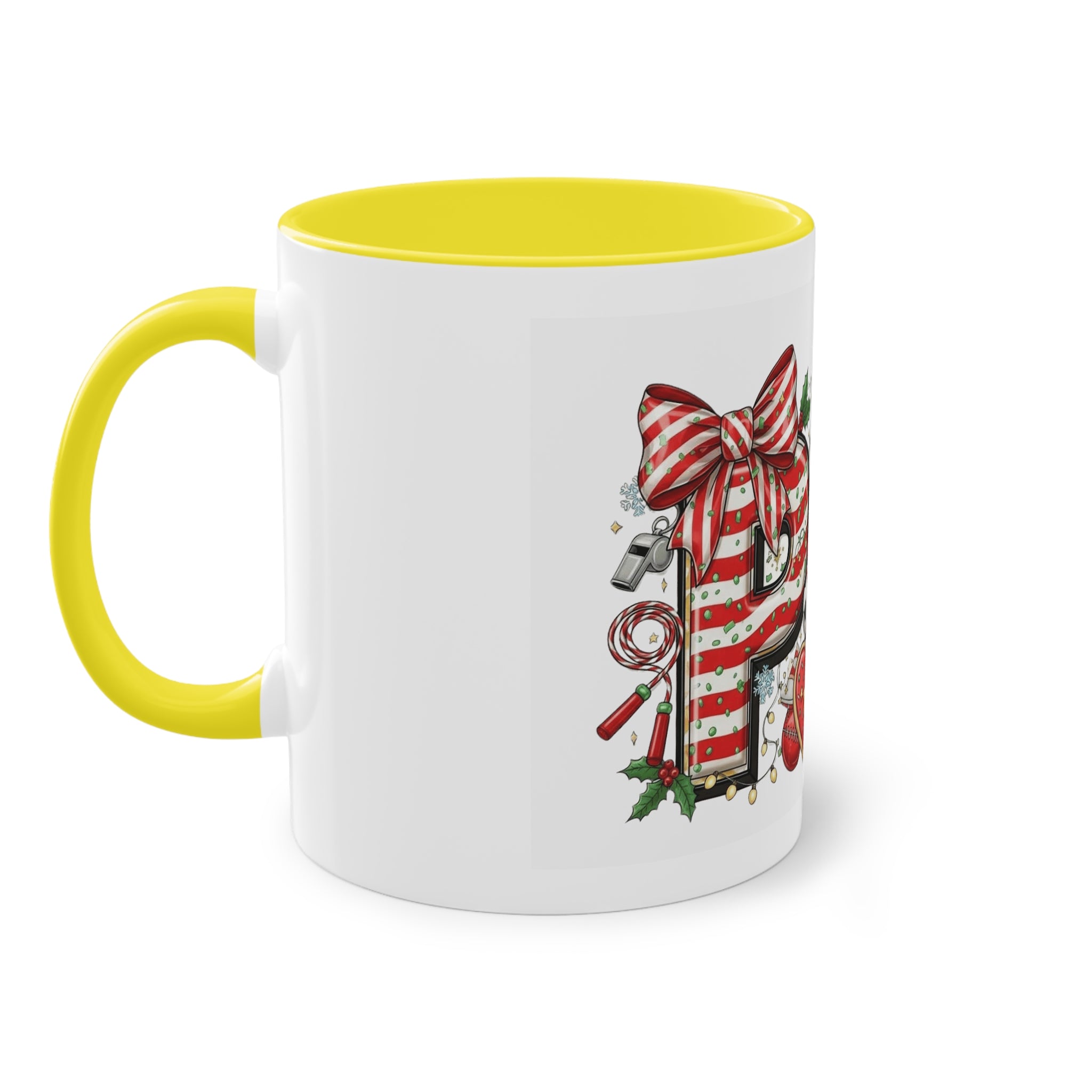 Holiday Sports Mom Coffee Mug Festive 'PE' Candy-Stripe Design, 11oz Two-Tone School Staff Christmas Mug Collection,