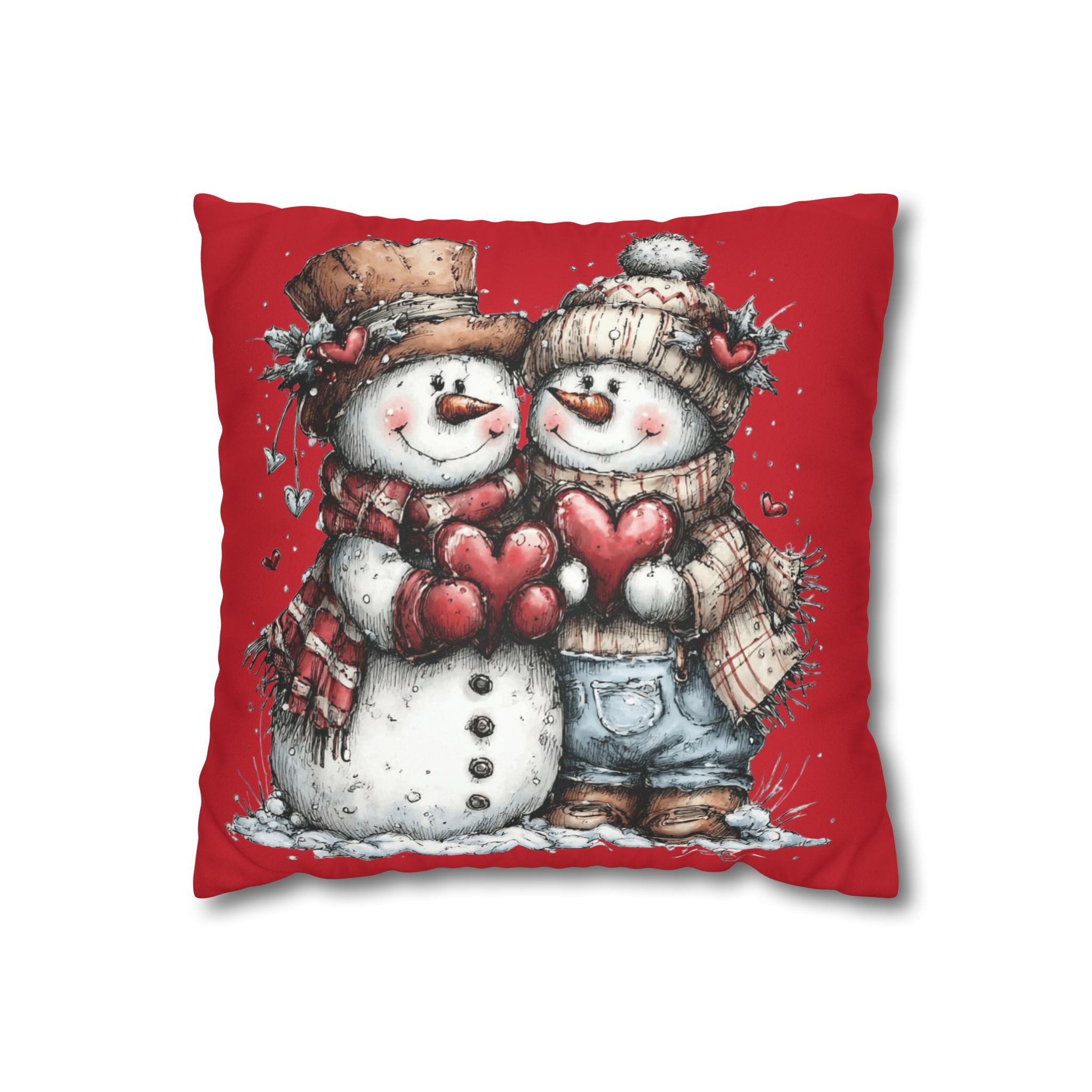 Christmas Snowman Couple Faux Suede Pillowcase CHRISTMAS PILLOW DÉCOR