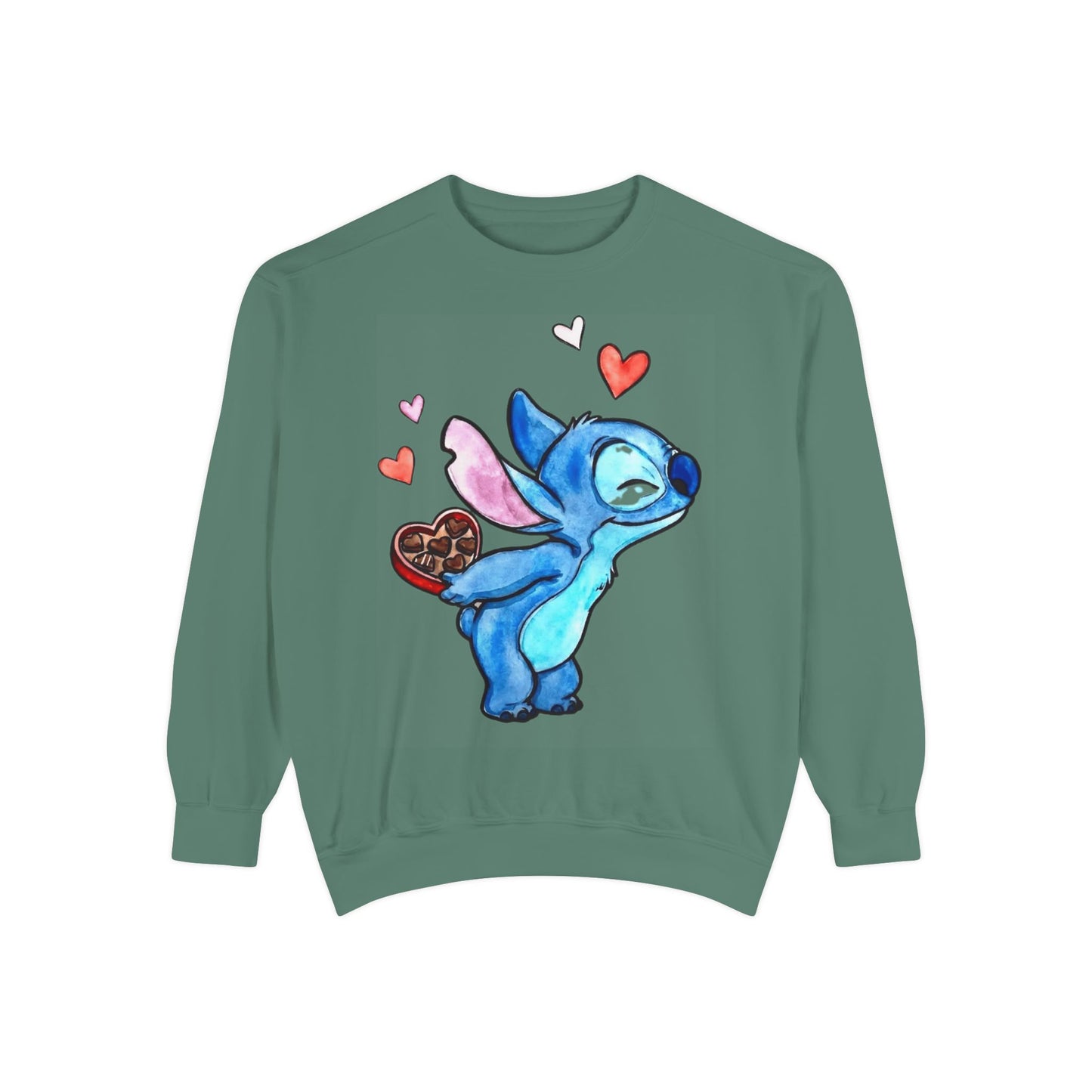 Stitch Valentine Sweatshirt — Cute Blue Alien with Hearts & Chocolate Pocket