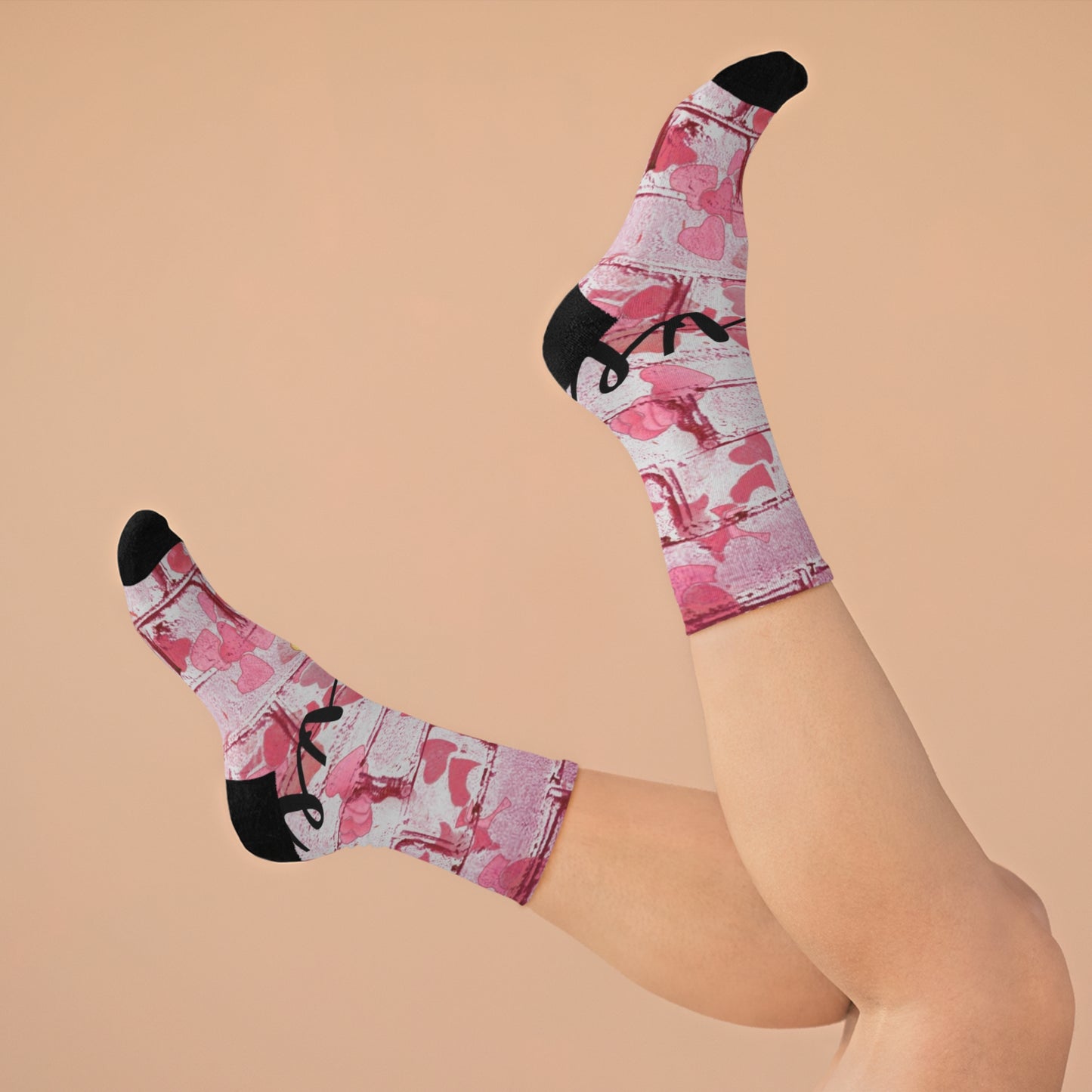 Pink Heart Brick Wall Socks  'Love' Graphic Recycled Polyester Crew Socks