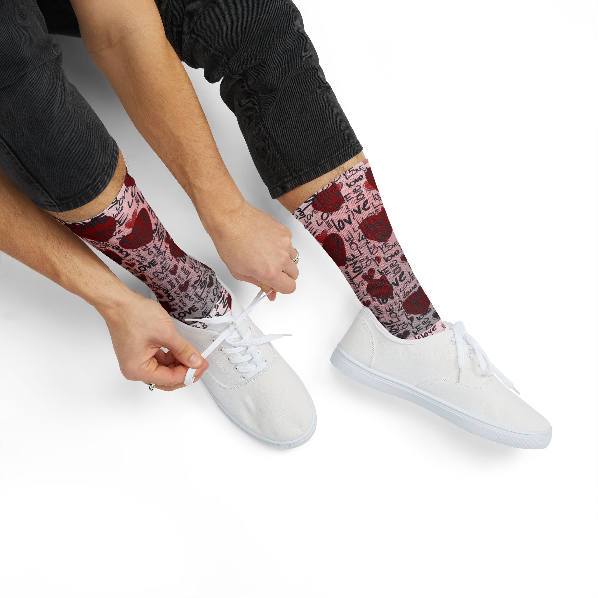 Valentine Heart Sublimation Socks – I Love You Pattern, Red Rose & Script Crew Socks