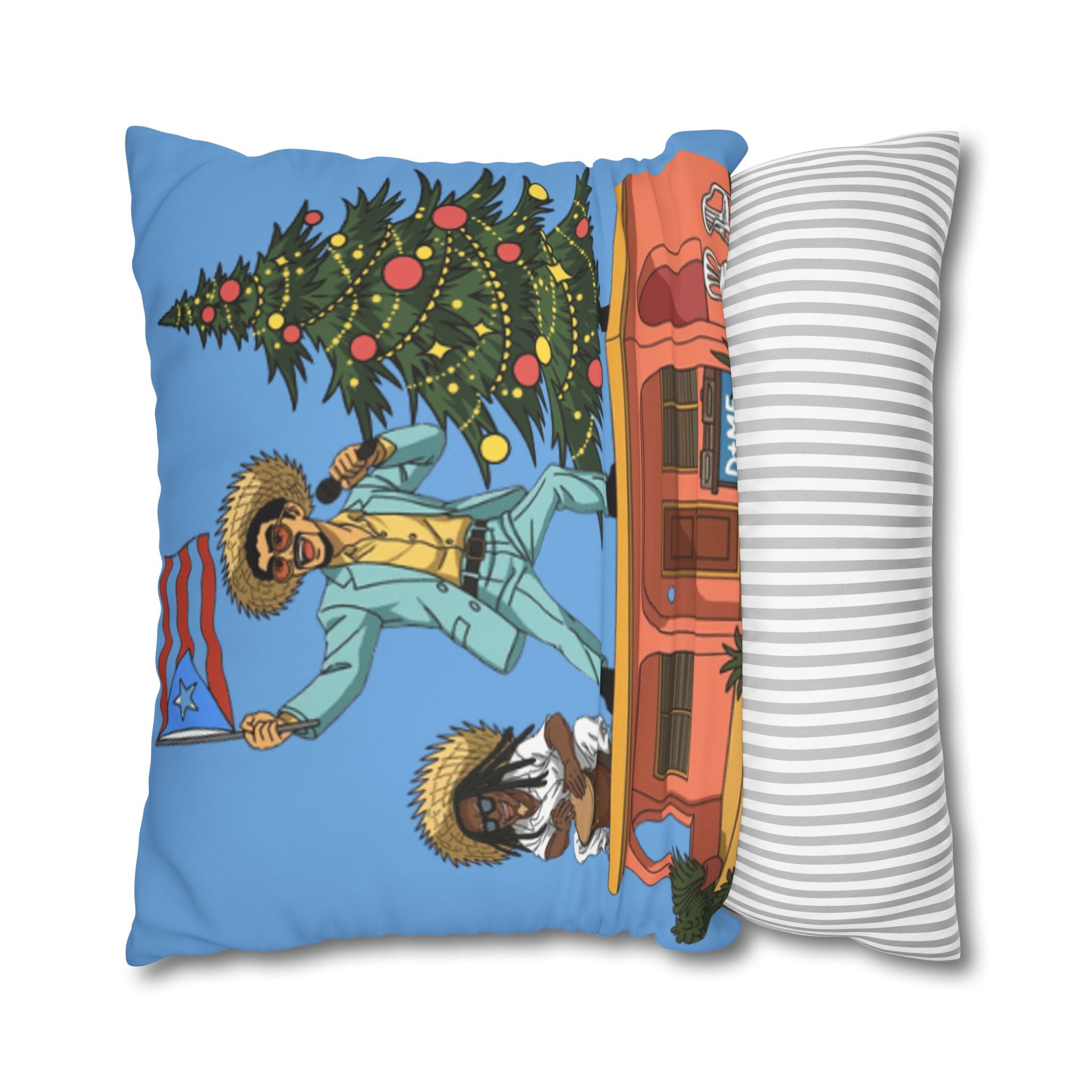 Holiday Vibes Pillow — Festive Duo Singing on Rooftop Christmas Throw Pillow Puerto Rico Culture Pillow