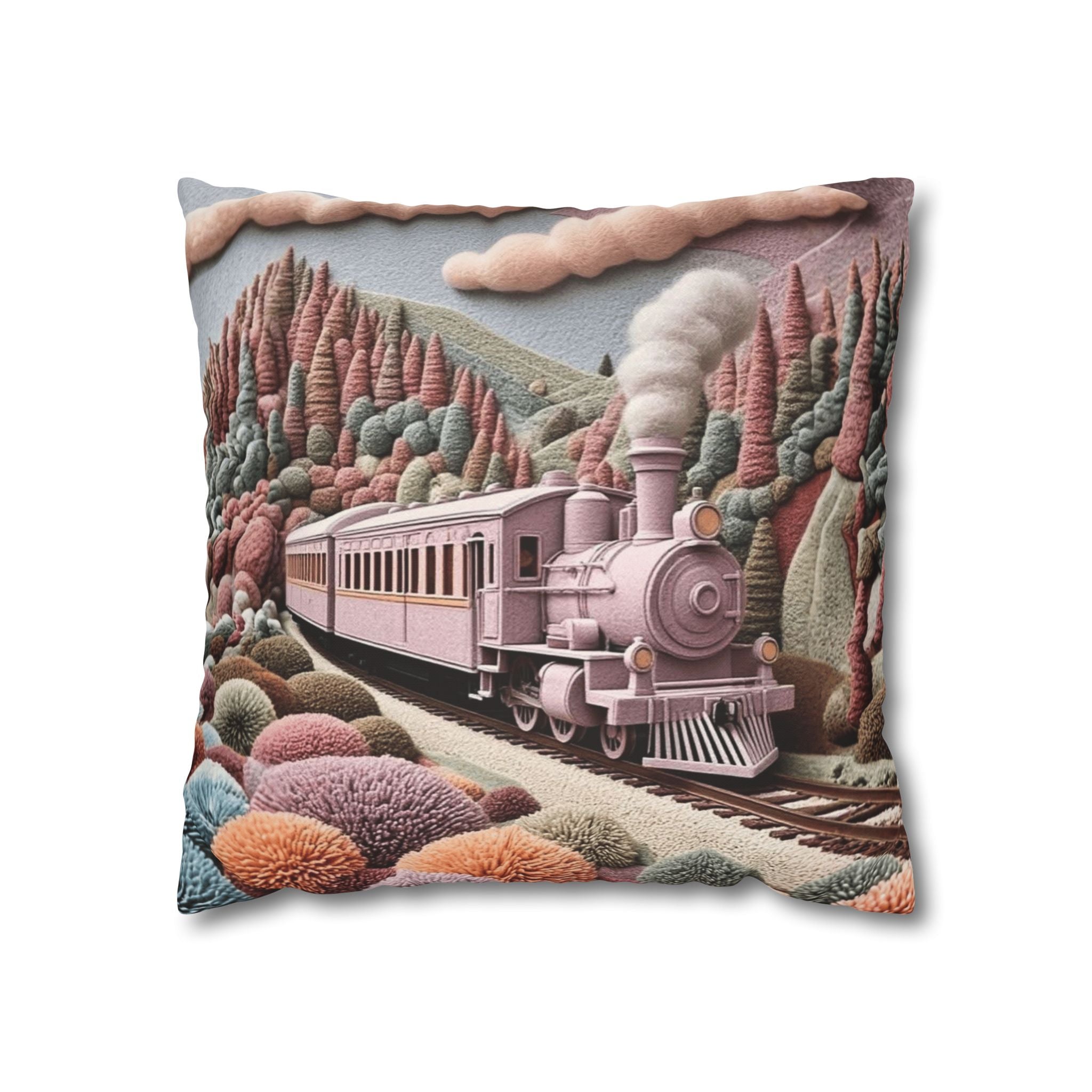 Vintage Pink Train Decorative Pillow – Whimsical Scenic Throw Pillowcase
