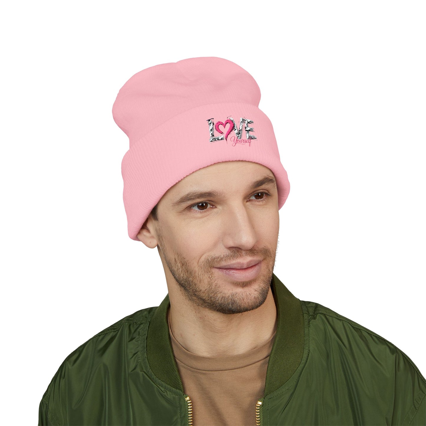 Embroidered 'Love' Heart Cuffed Beanie — Cozy Pink Accent Winter Hat