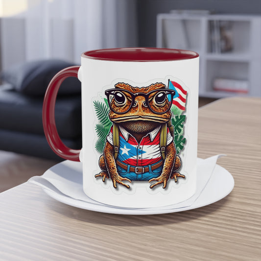 ☕ Puerto Rico en el alma, coffee en la Mano. Quirky Frog Two-Tone Coffee Mug, 11oz | Fun Gift for Frog Lovers, Quirky Decor, Unique Kitchenware, Coffee Lovers Mug, Vintage Vibe