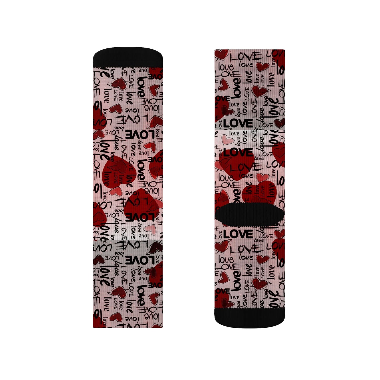 Valentine Heart Sublimation Socks – I Love You Pattern, Red Rose & Script Crew Socks