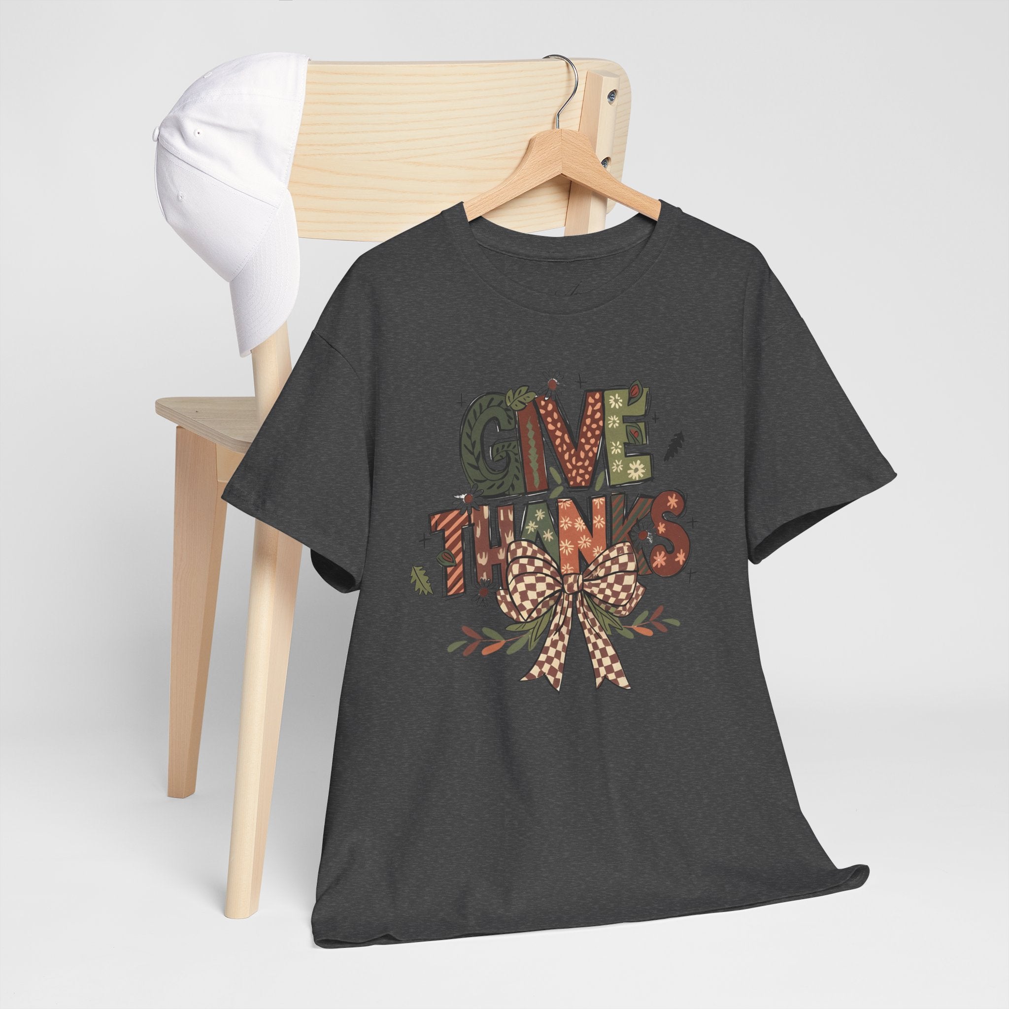 Give Thanks Tee Thanksgiving Graphic T-Shirt with Rustic Bow Design