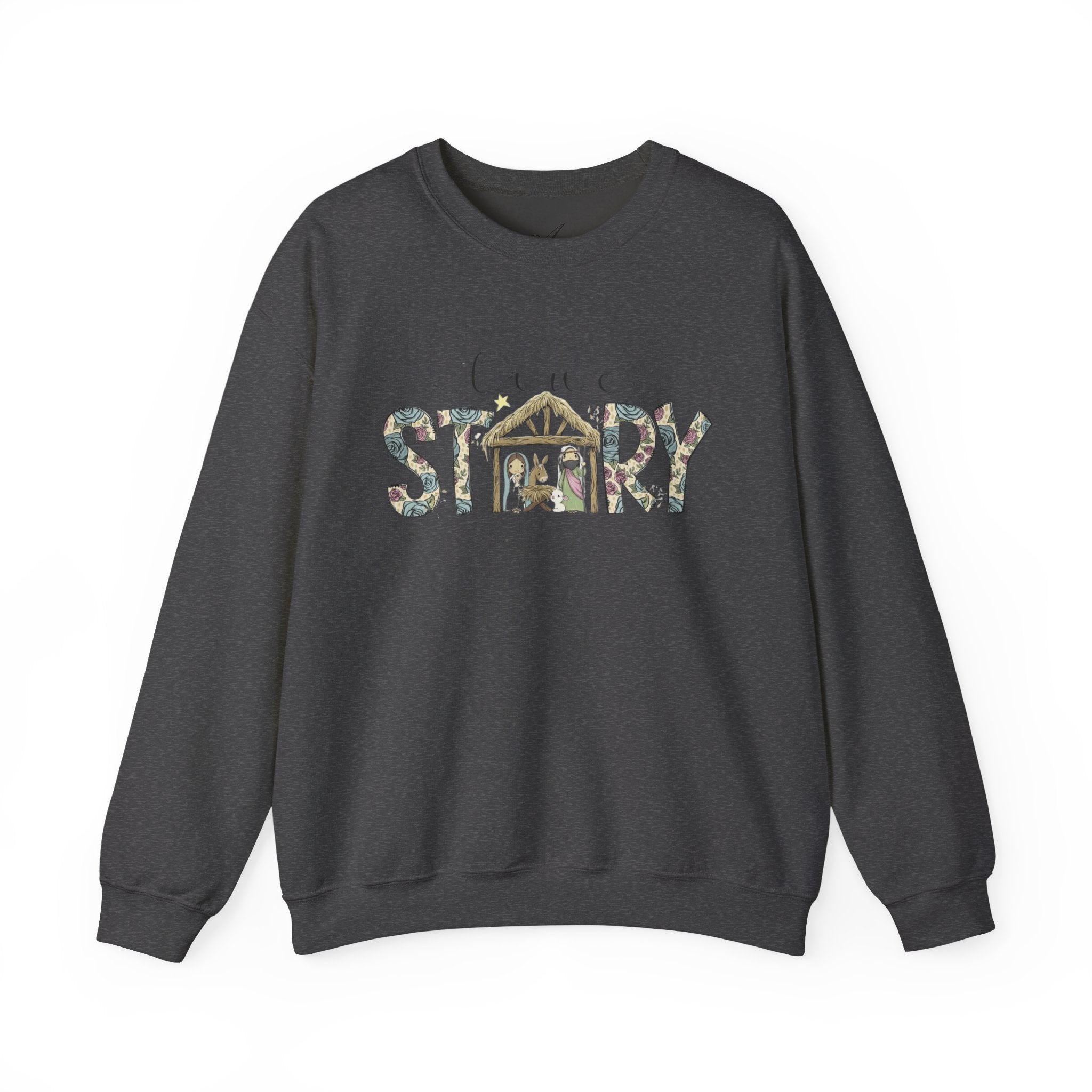 Crewneck Sweatshirt "Come Story" Floral Nativity Design  Cozy Christmas Pullover unique festive designs and joyful