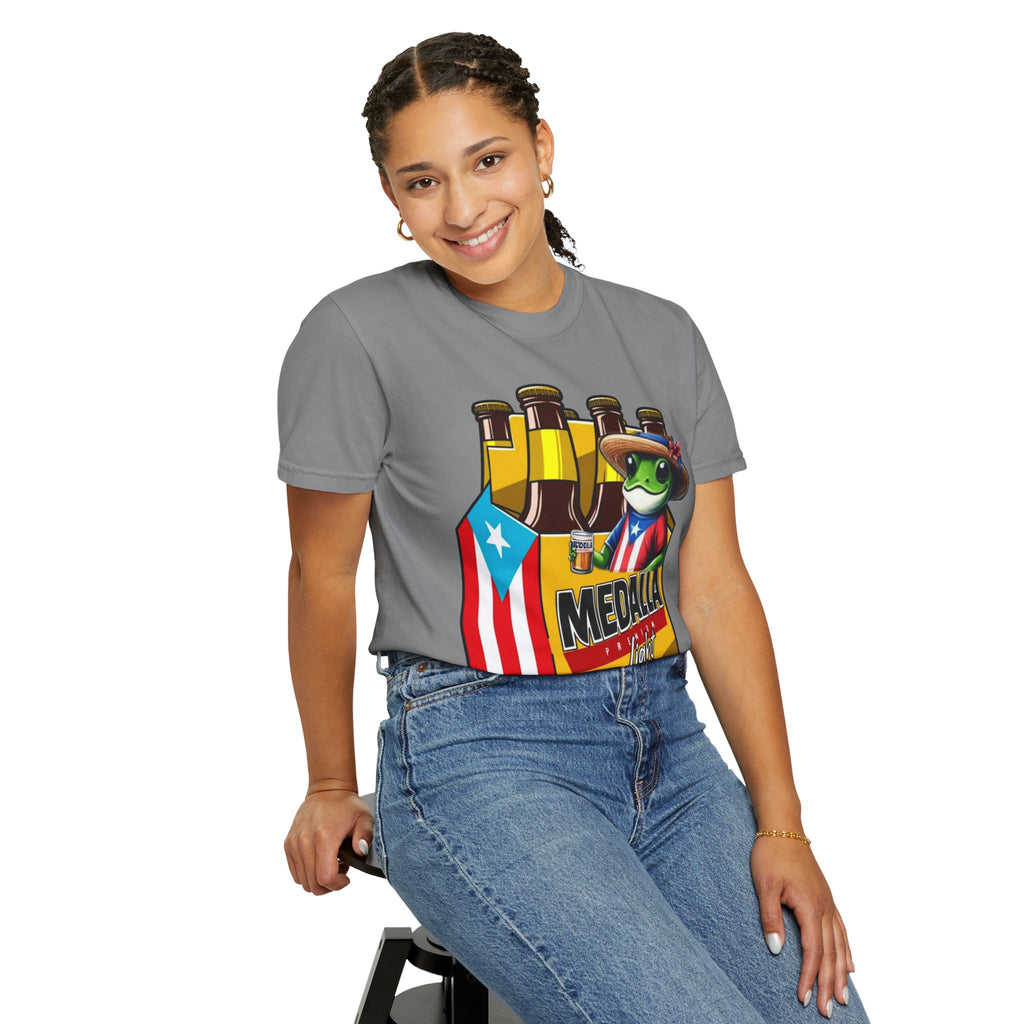 Medalla Light Puerto Rican Beer T-Shirt Coqui Frog Mascot Six-Pack Graphic Tee Puerto Rico’s Navidades