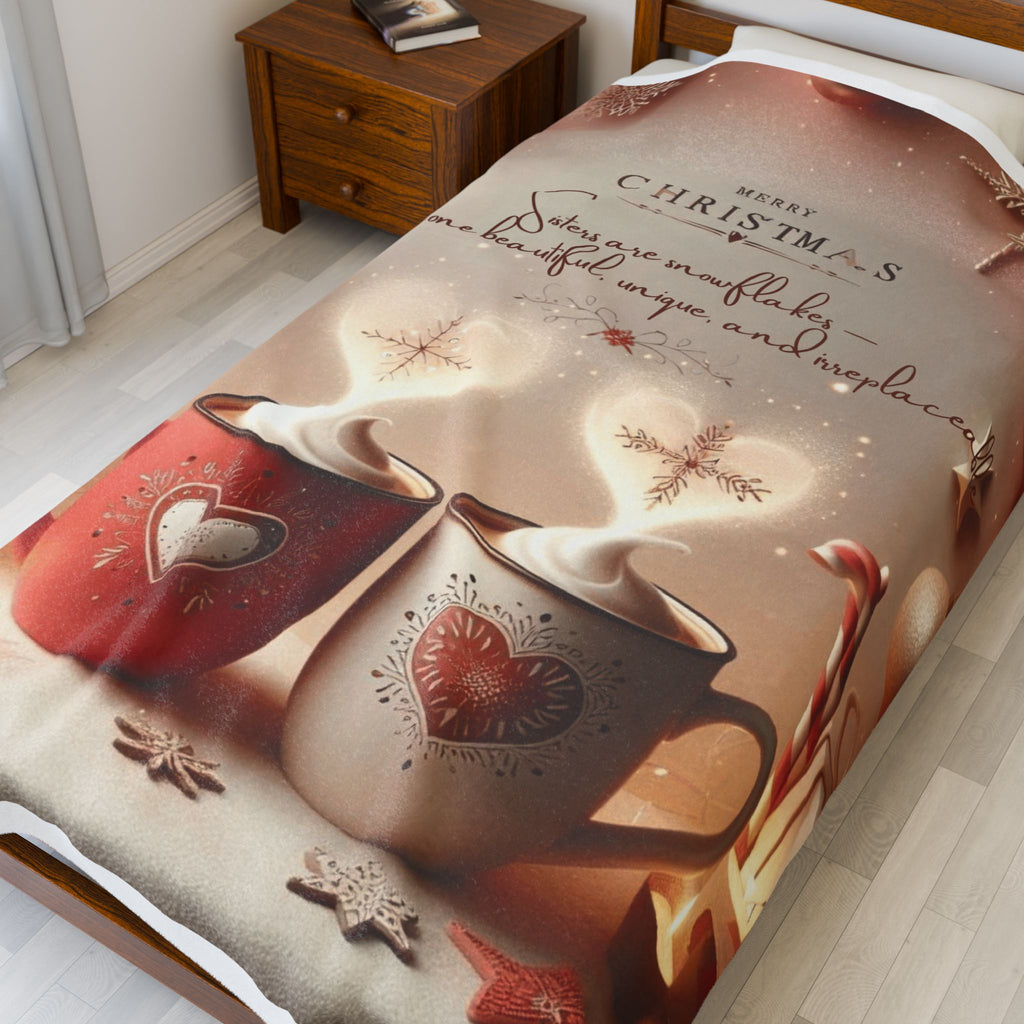 Christmas Hot Cocoa Velveteen Plush Blanket — "Merry Christmas: Sisters are snowflakes" Holiday Throw