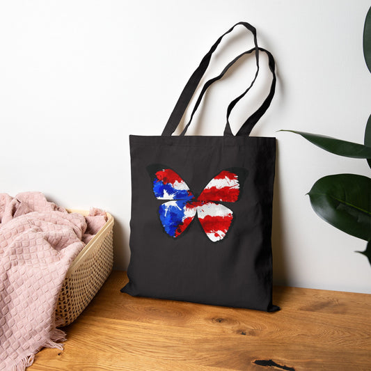 Carry Your Culture – Puerto Rican Pride in Every Step Patriotic Butterfly Cotton Canvas Tote Bag: Eco-Friendly Grocery, Beach, School, or Gift Bag, USA Flag Design