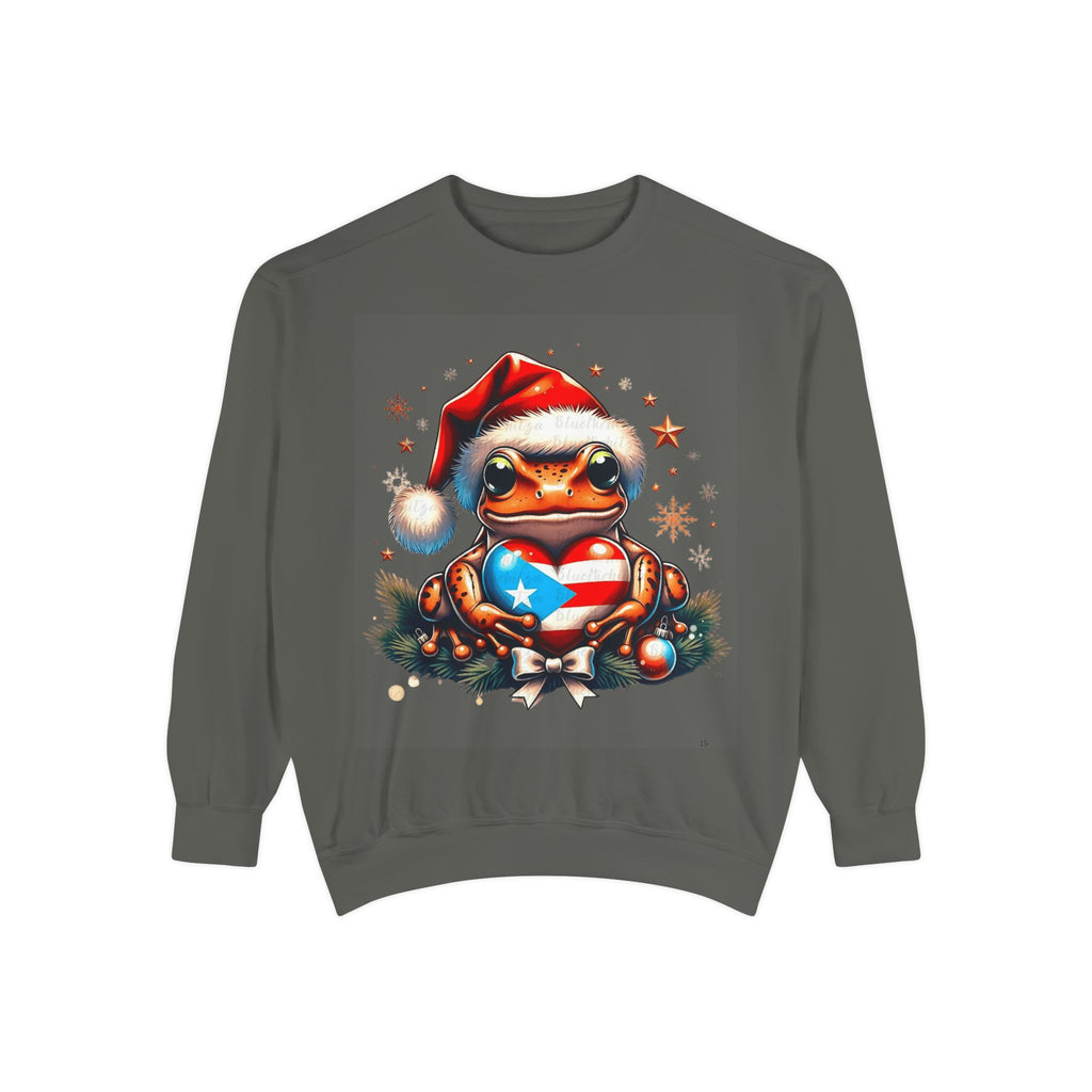 Christmas Coqui Sweatshirt — Cute Santa Frog Holding Ornament Holiday Sweater