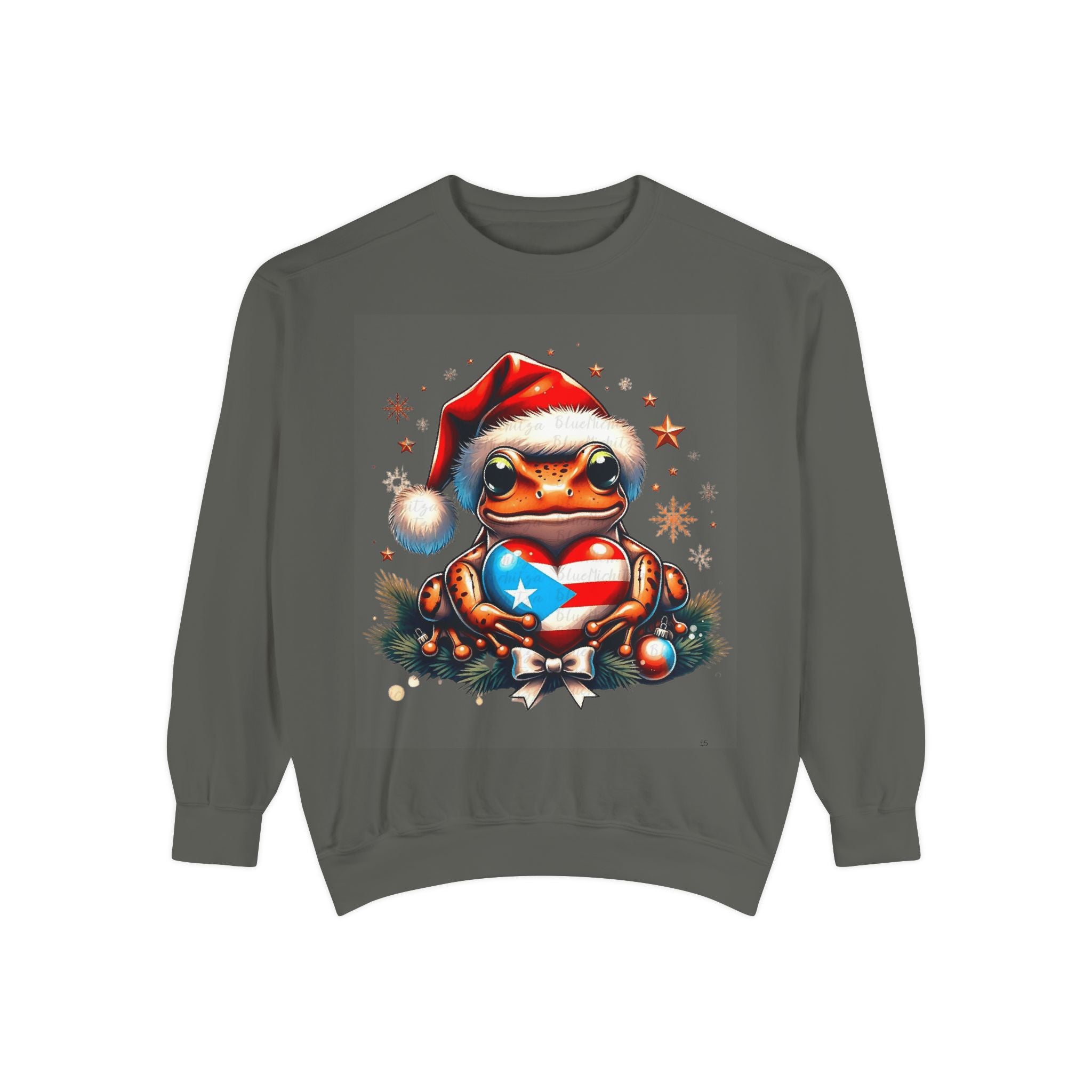 Christmas Coqui Sweatshirt — Cute Santa Frog Holding Ornament Holiday Sweater