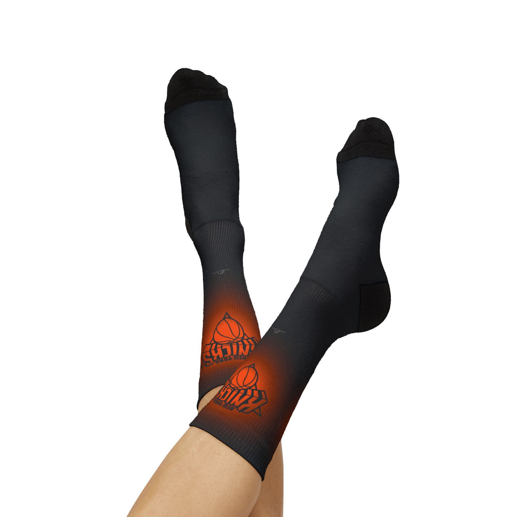 Basketball-Inspired Pattern Crew Socks — Retro Sports Sublimation Socks — Orange Gradient Crew Socks for Fans