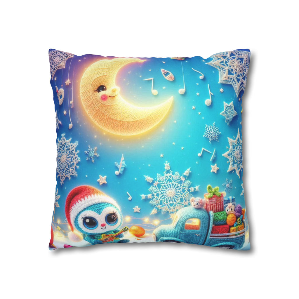 Whimsical Moon & Penguin Holiday Pillowcase  Faux Suede Square Throw Pillow