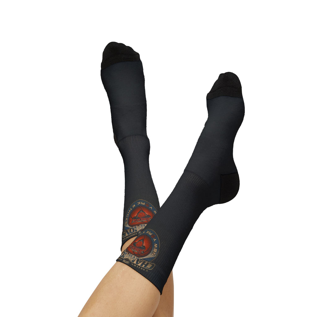 NY*K Basketball Black Sublimation Crew Socks with Vintage Motorcycle Badge Design