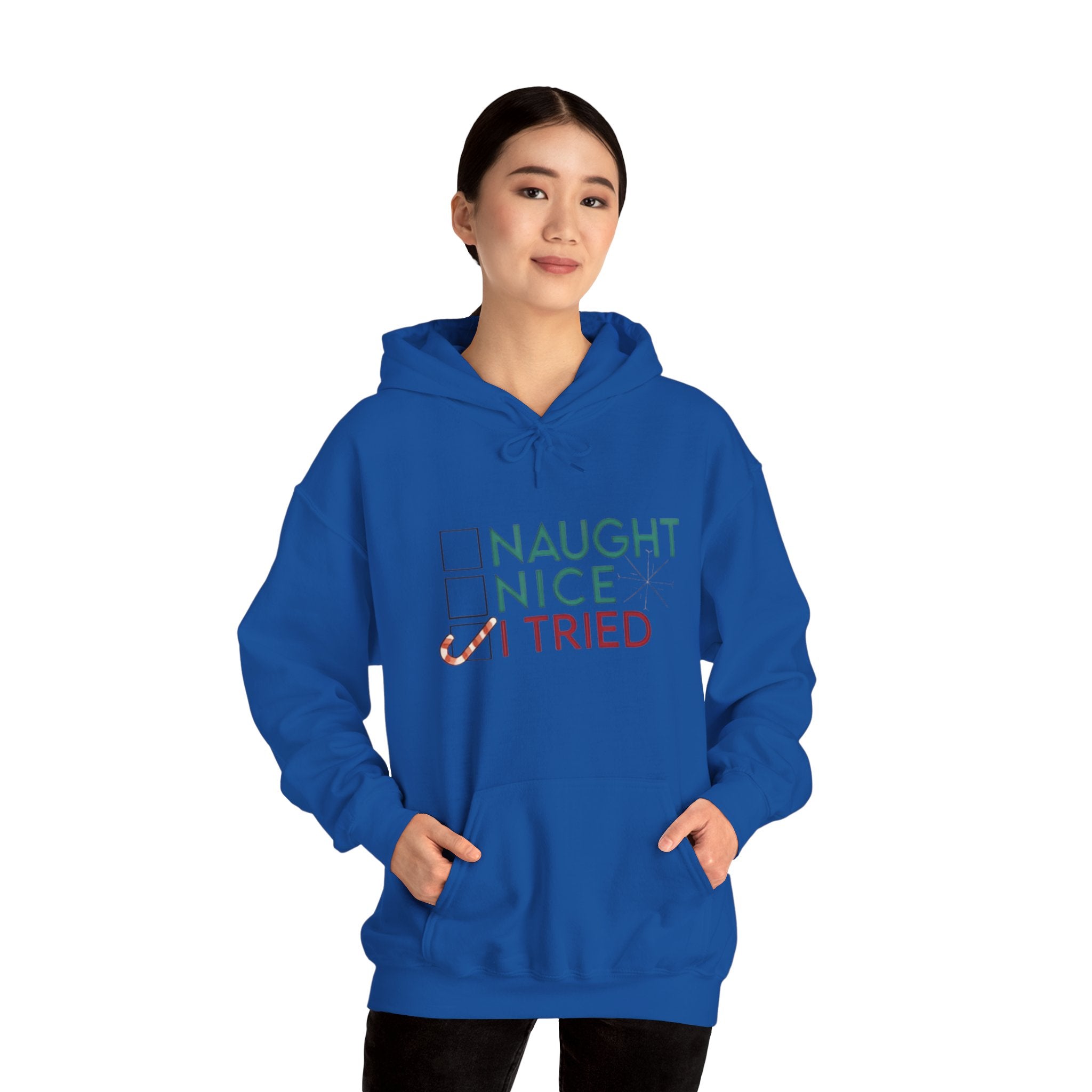 Holiday Hoodie — "Naughty, Nice, I Tried" Funny Christmas Sweatshirt